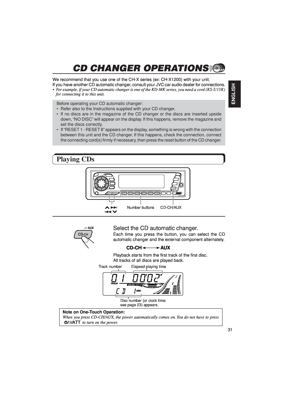 JVC KD-SX940, KD-SX949 manual Cd Changer Operations, Playing CDs, English, Cd-Ch 