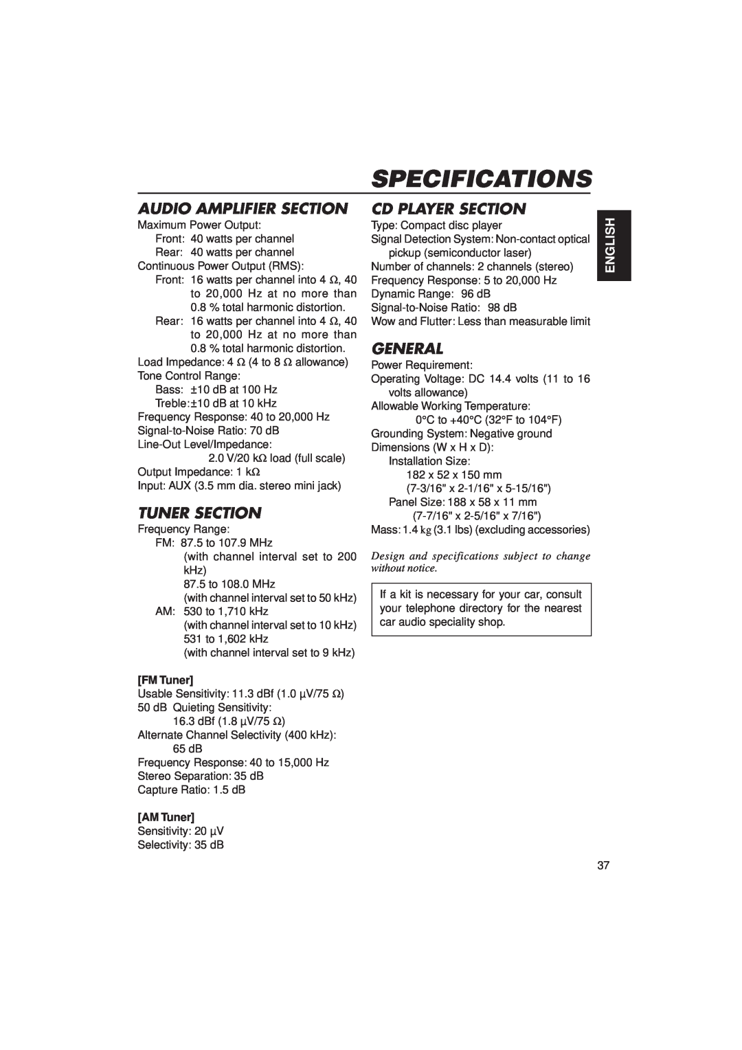 JVC KD-SX940, KD-SX949 manual Specifications, Audio Amplifier Section, Tuner Section, Cd Player Section, General, English 