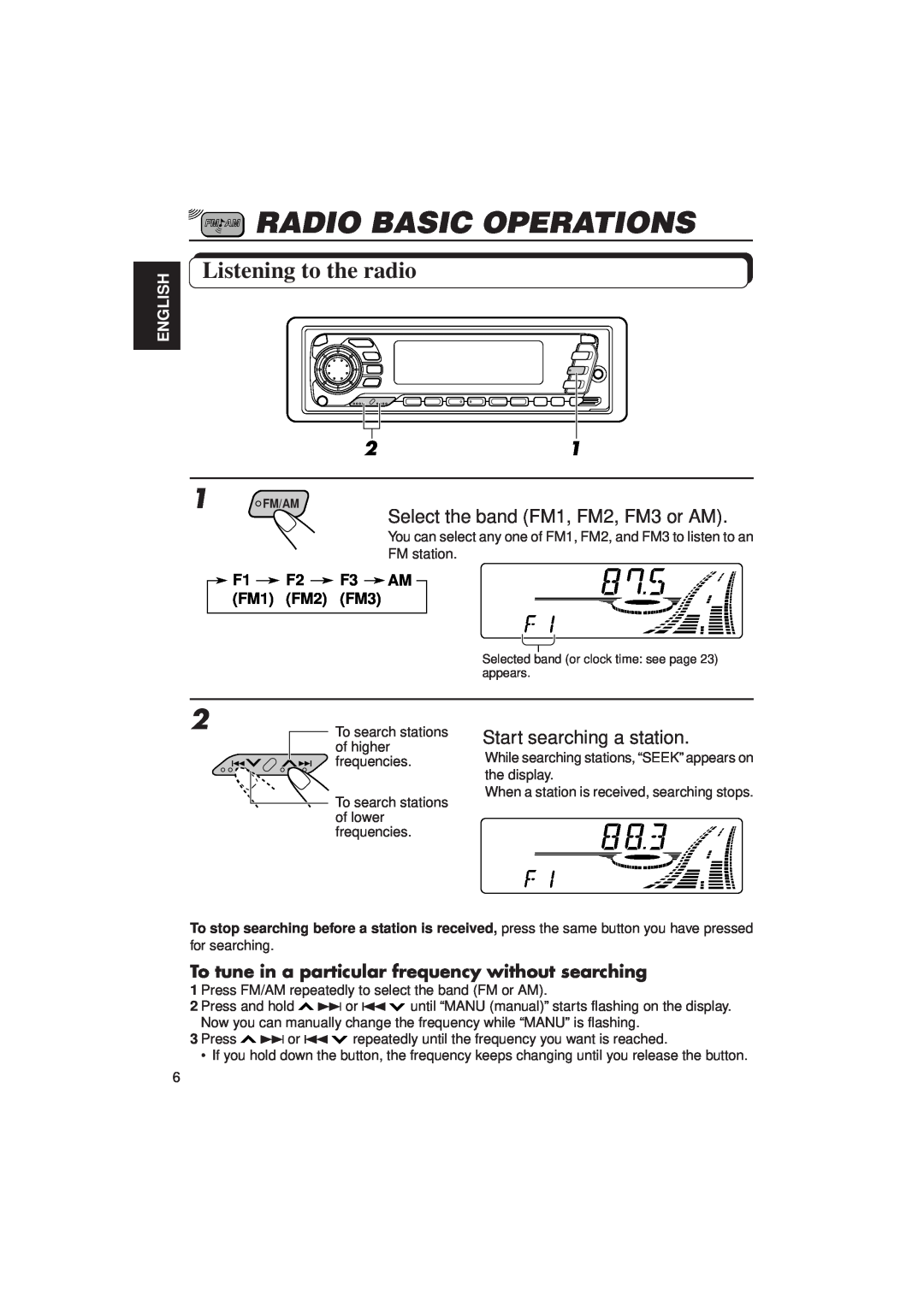 JVC KD-SX949, KD-SX940 manual Radio Basic Operations, Listening to the radio, English, F1 F2 F3 AM FM1 FM2 FM3 