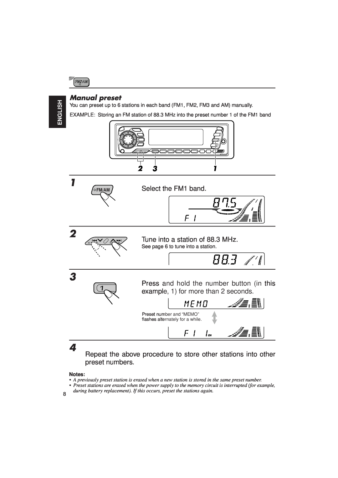 JVC KD-SX949, KD-SX940 manual Manual preset, Select the FM1 band 