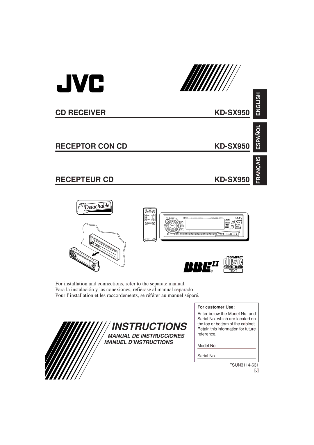 JVC KD-SX950 manual Instructions, CD Receiver Receptor CON CD Recepteur CD 