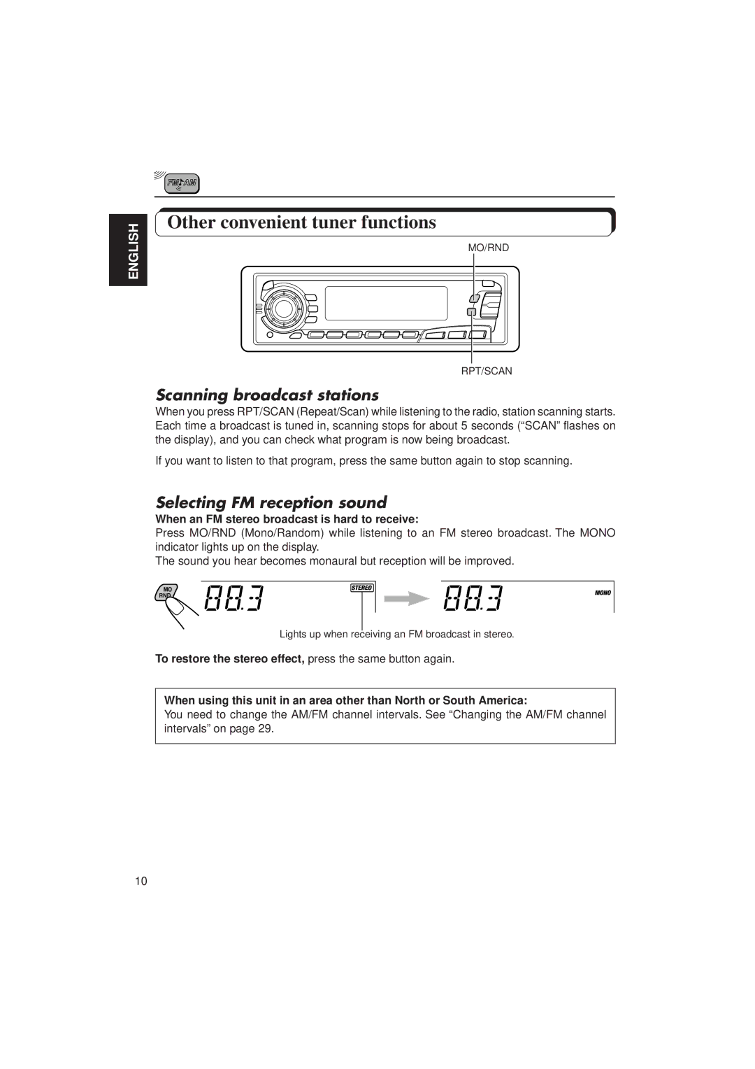 JVC KD-SX950 manual Other convenient tuner functions, Scanning broadcast stations, Selecting FM reception sound 