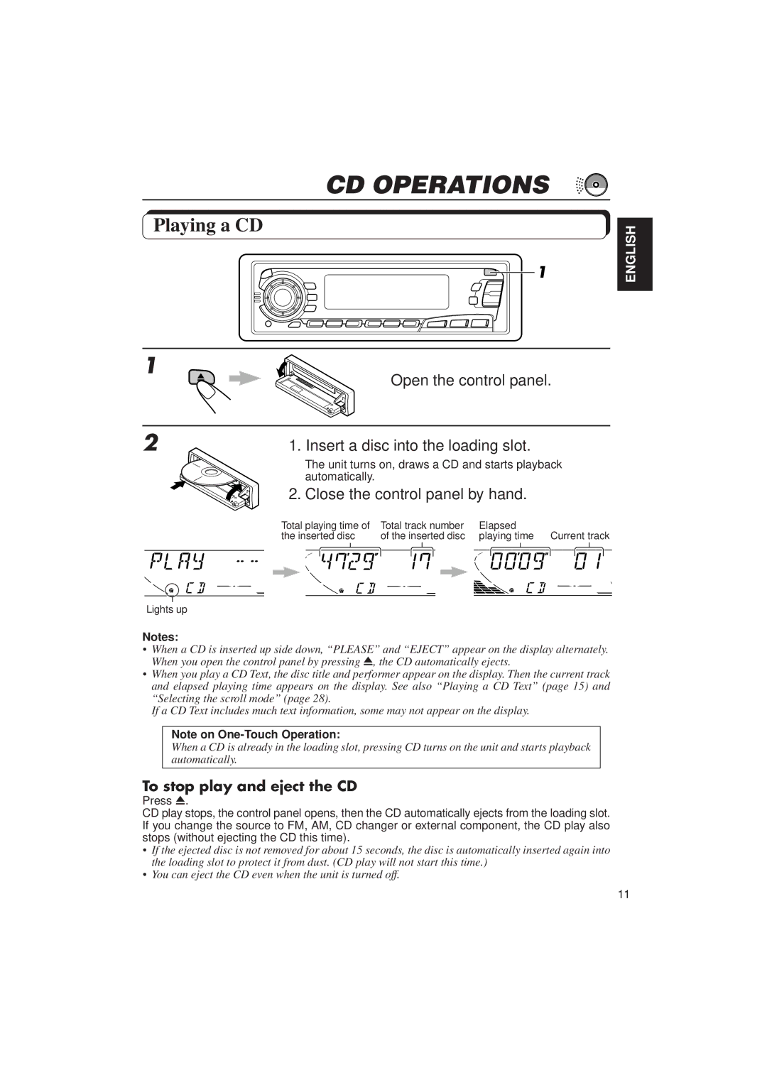 JVC KD-SX950 manual CD Operations, Playing a CD, Open the control panel Insert a disc into the loading slot 