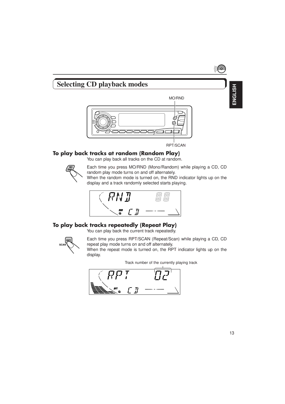 JVC KD-SX950 manual Selecting CD playback modes, To play back tracks at random Random Play 