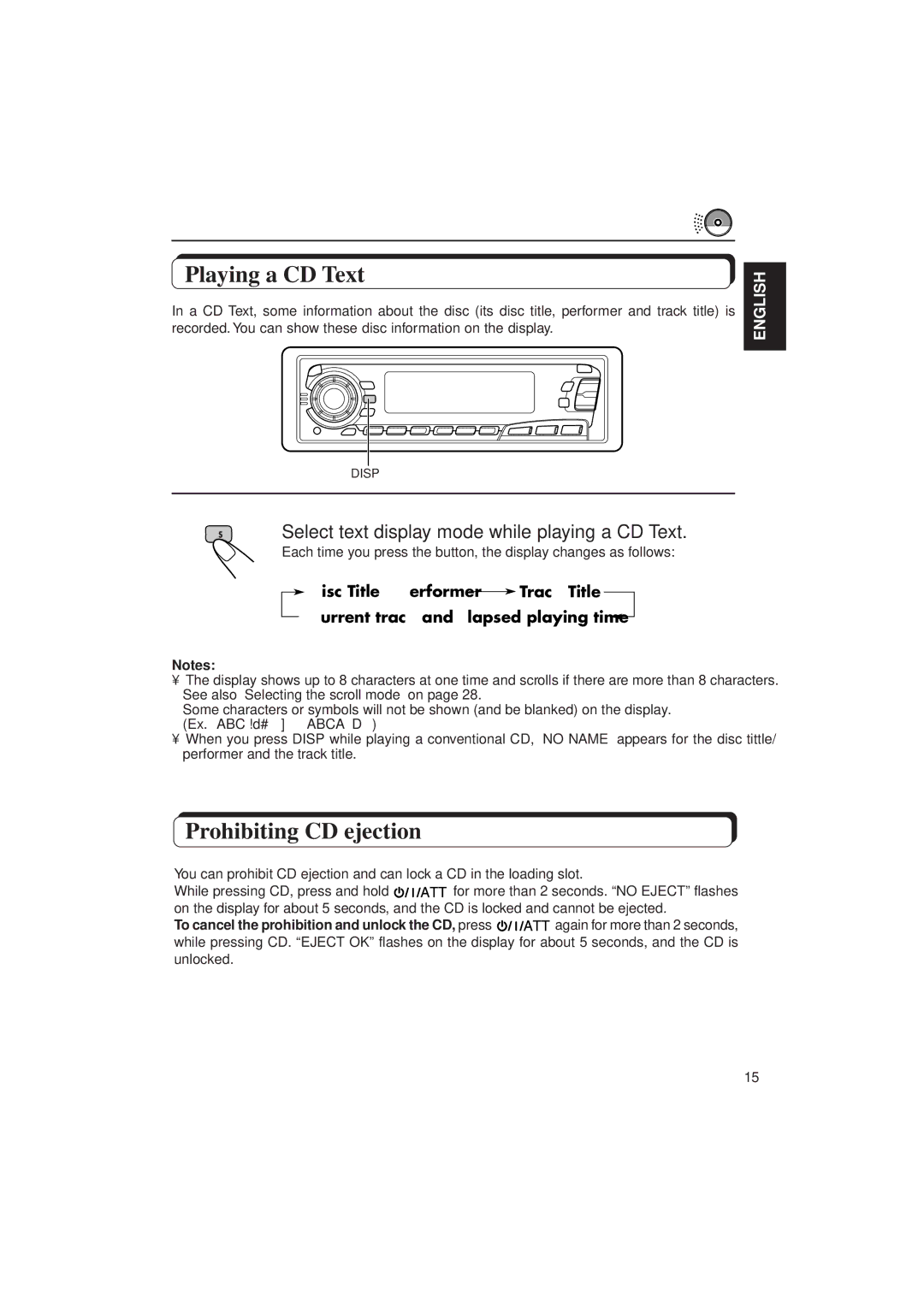 JVC KD-SX950 manual Playing a CD Text, Prohibiting CD ejection, Select text display mode while playing a CD Text 