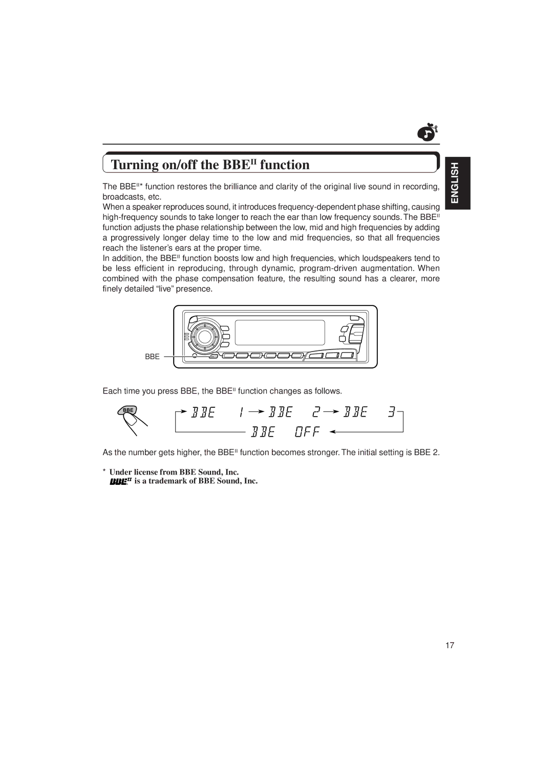 JVC KD-SX950 manual Turning on/off the Bbeii function 