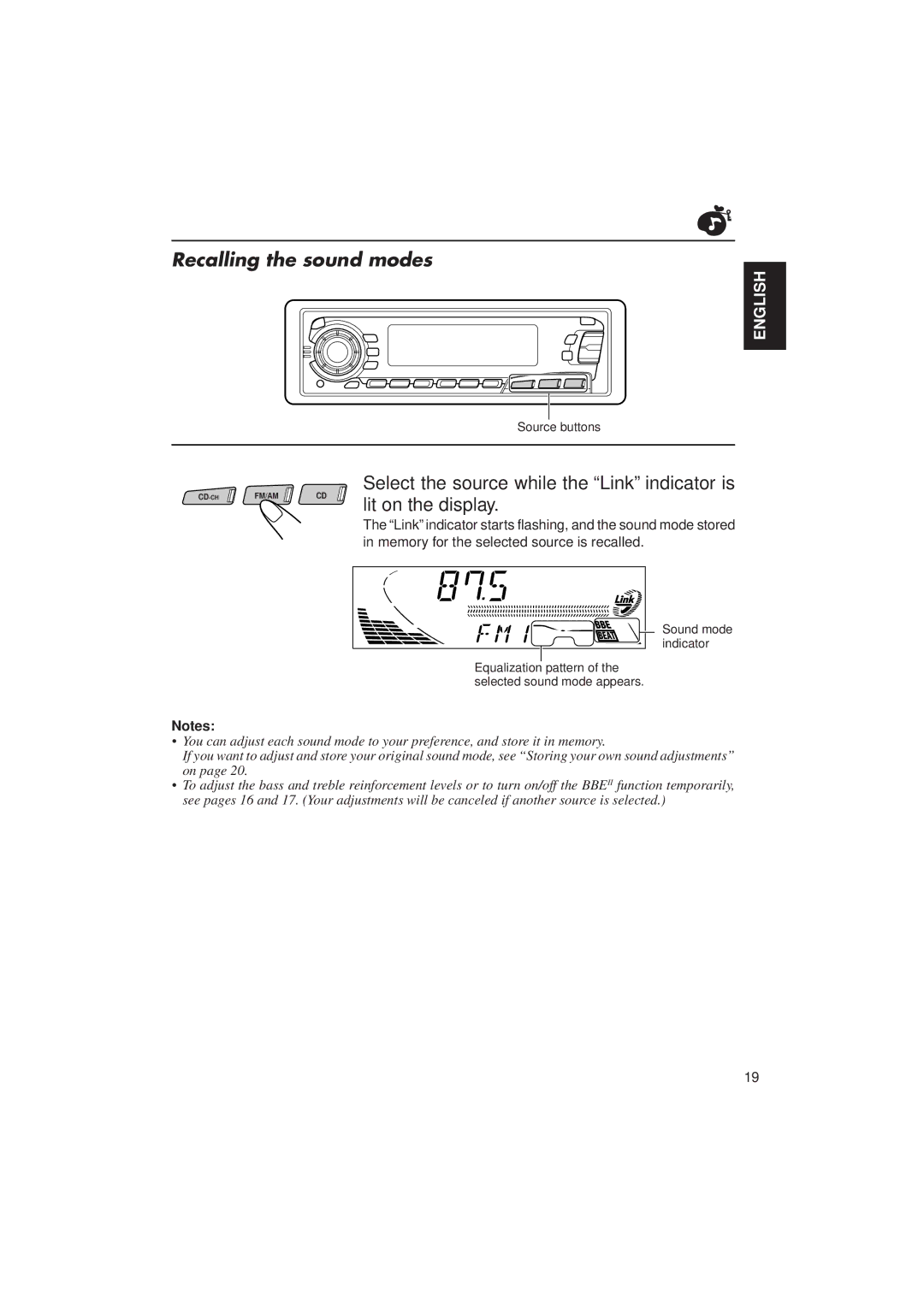 JVC KD-SX950 manual Recalling the sound modes, Select the source while the Link indicator is 