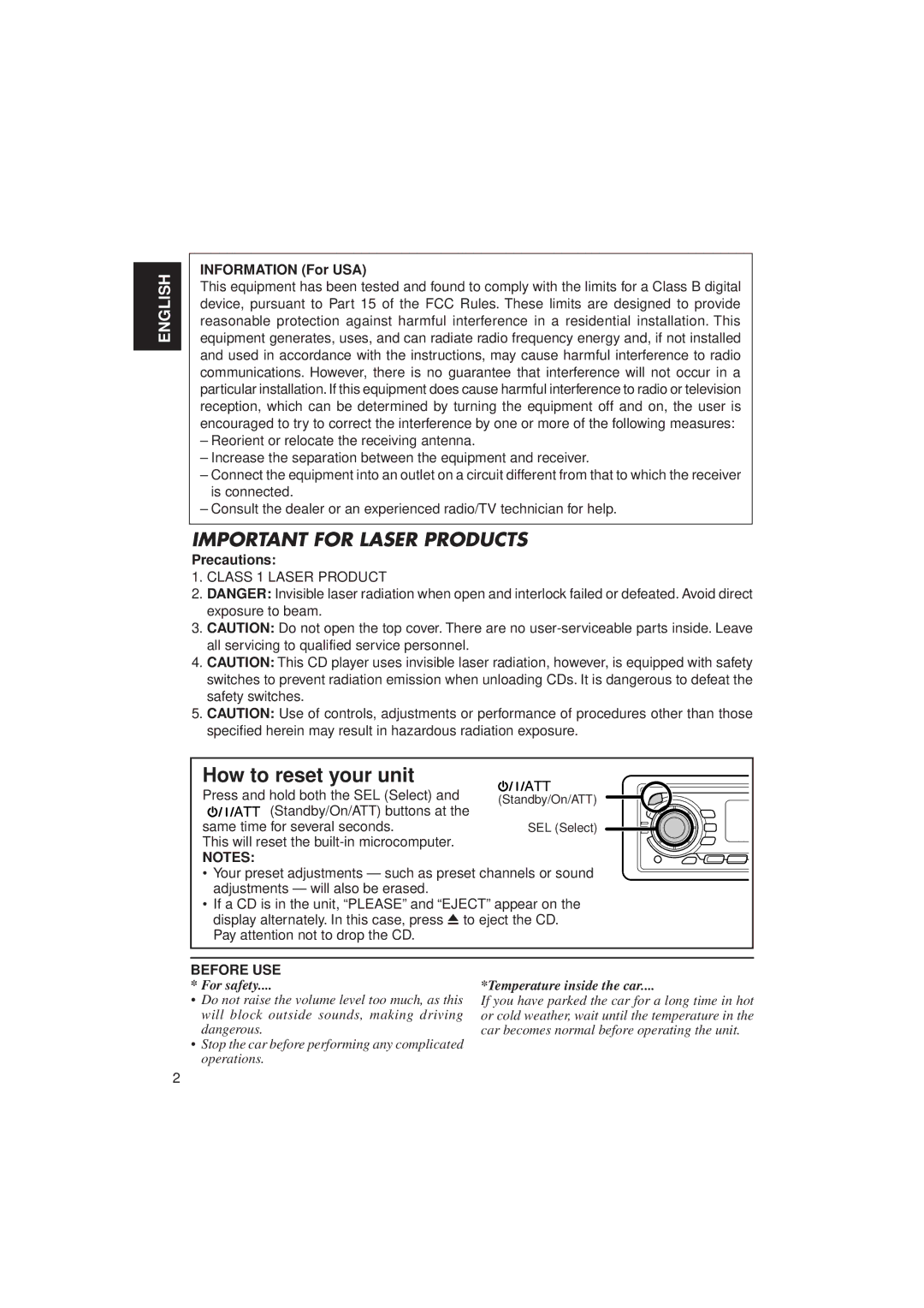 JVC KD-SX950 manual Information For USA, Precautions 