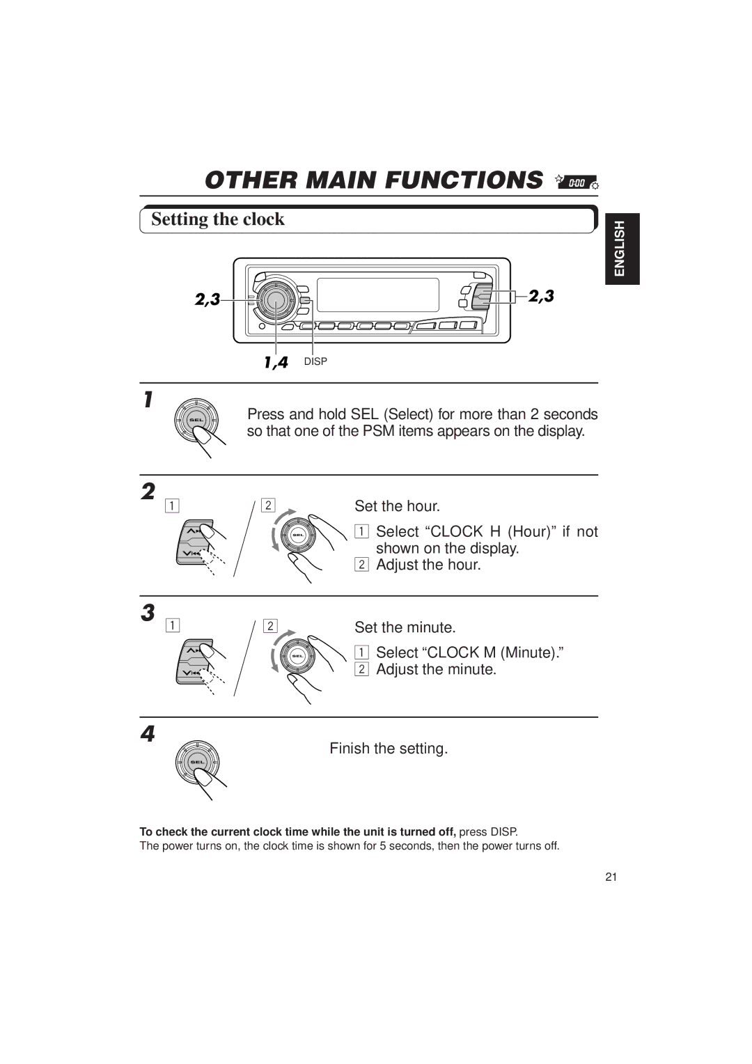 JVC KD-SX950 manual Other Main Functions, Setting the clock, Set the hour 