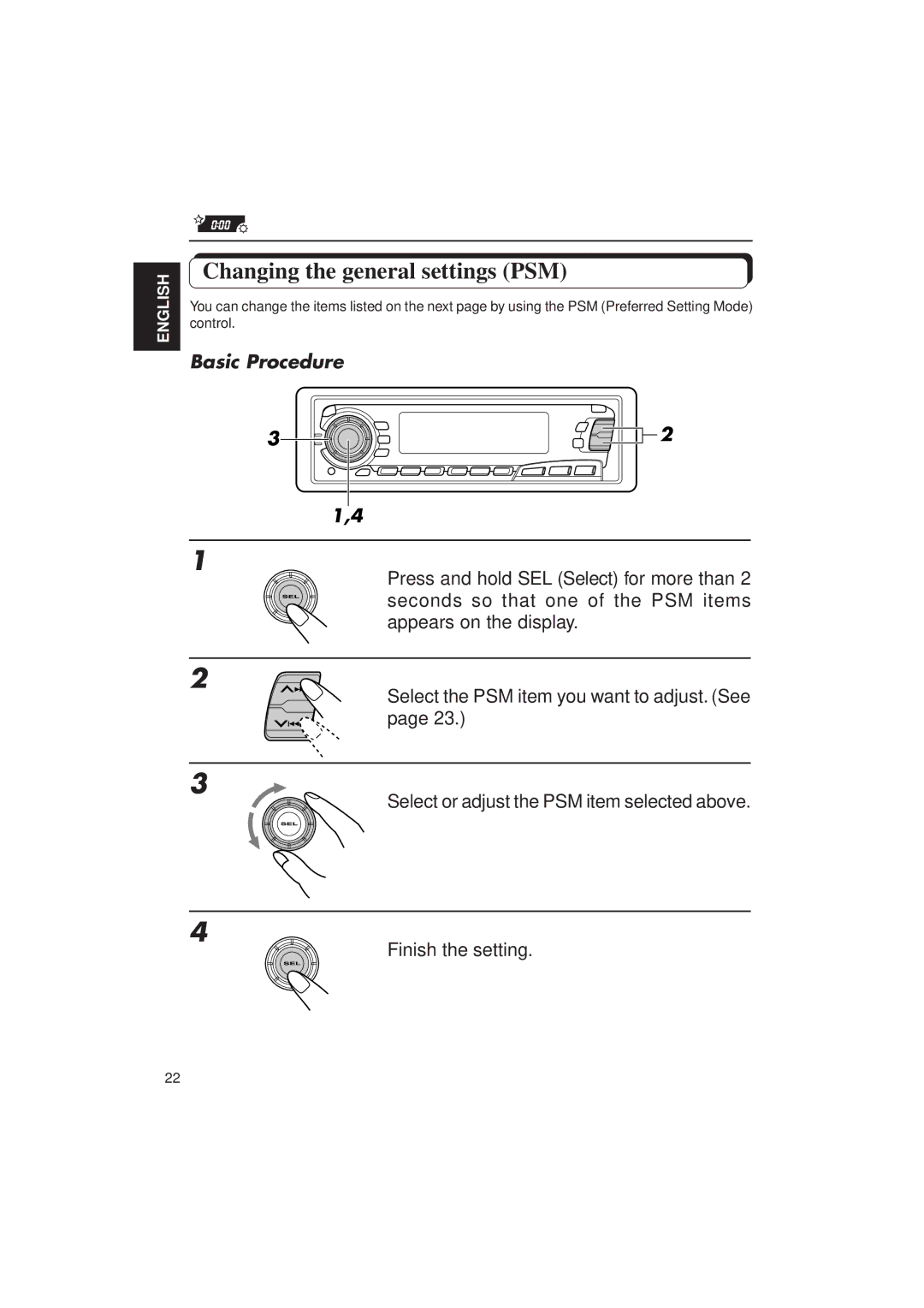 JVC KD-SX950 manual Changing the general settings PSM, Basic Procedure 