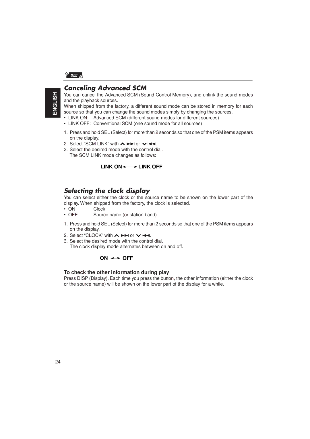 JVC KD-SX950 manual Canceling Advanced SCM, Selecting the clock display 