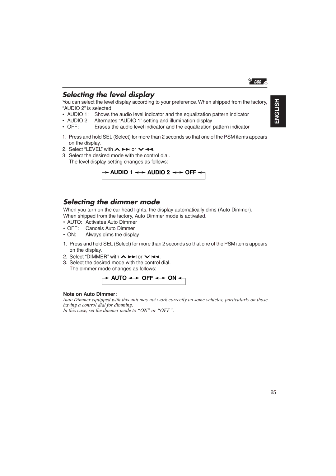 JVC KD-SX950 manual Selecting the level display, Selecting the dimmer mode 