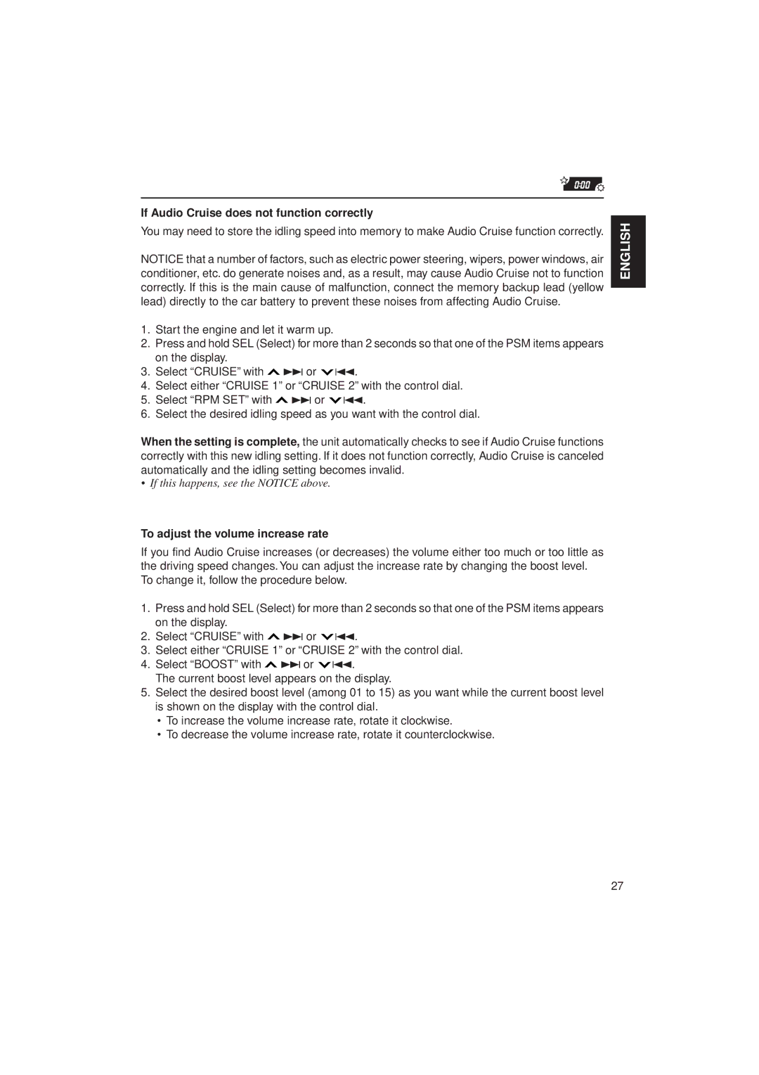 JVC KD-SX950 manual If Audio Cruise does not function correctly, To adjust the volume increase rate 