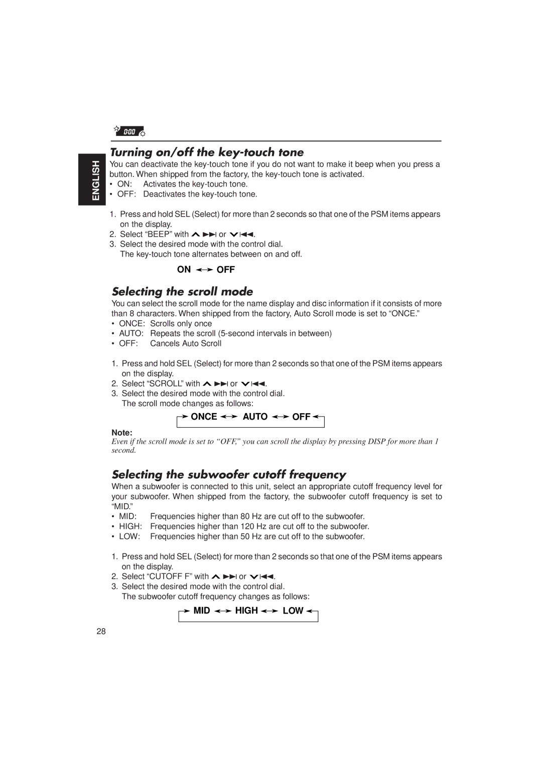 JVC KD-SX950 manual Turning on/off the key-touch tone, Selecting the scroll mode, Selecting the subwoofer cutoff frequency 