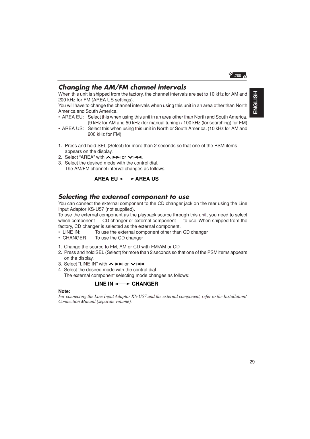 JVC KD-SX950 manual Changing the AM/FM channel intervals, Selecting the external component to use 