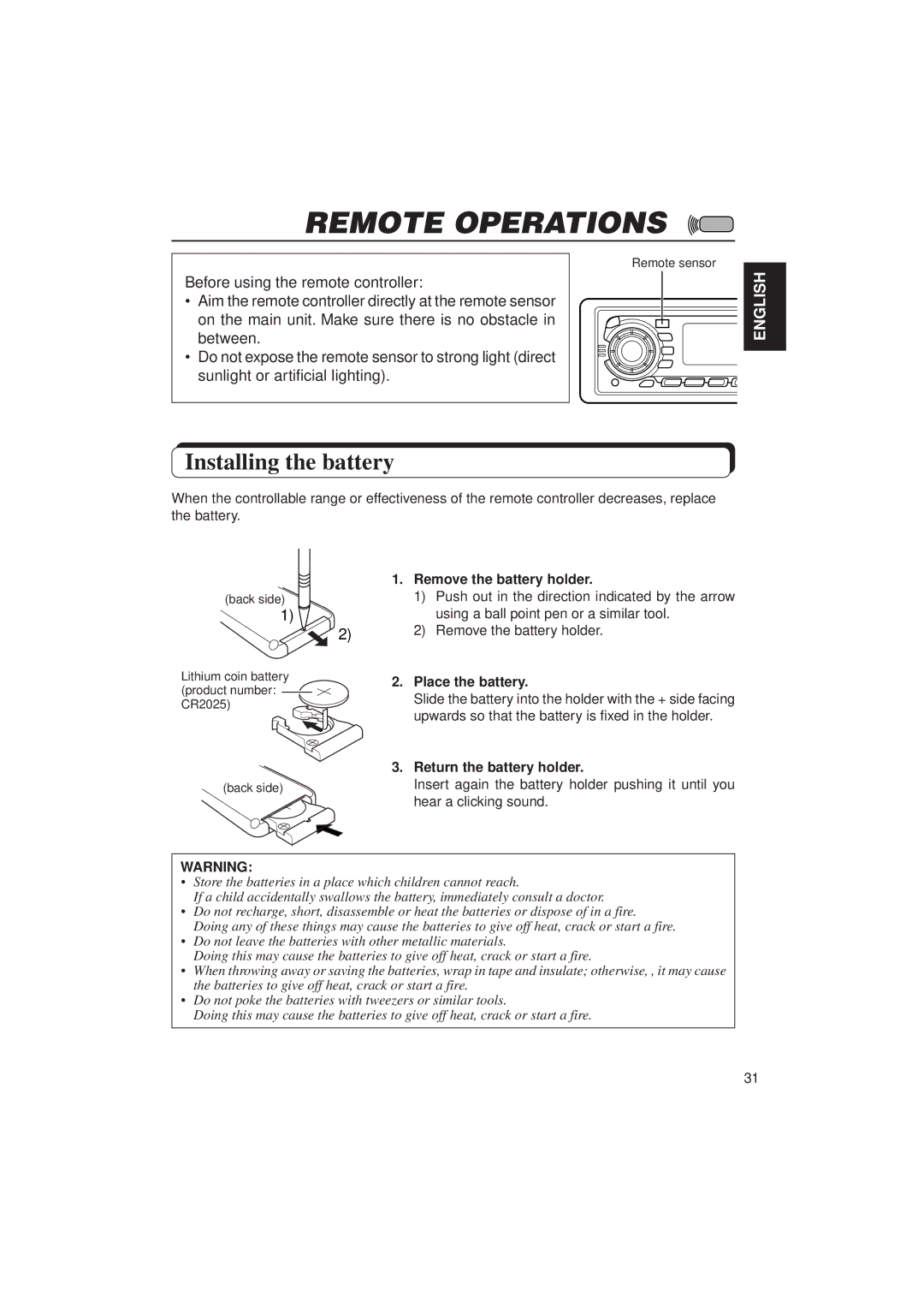 JVC KD-SX950 manual Remote Operations, Installing the battery, Remove the battery holder, Place the battery 