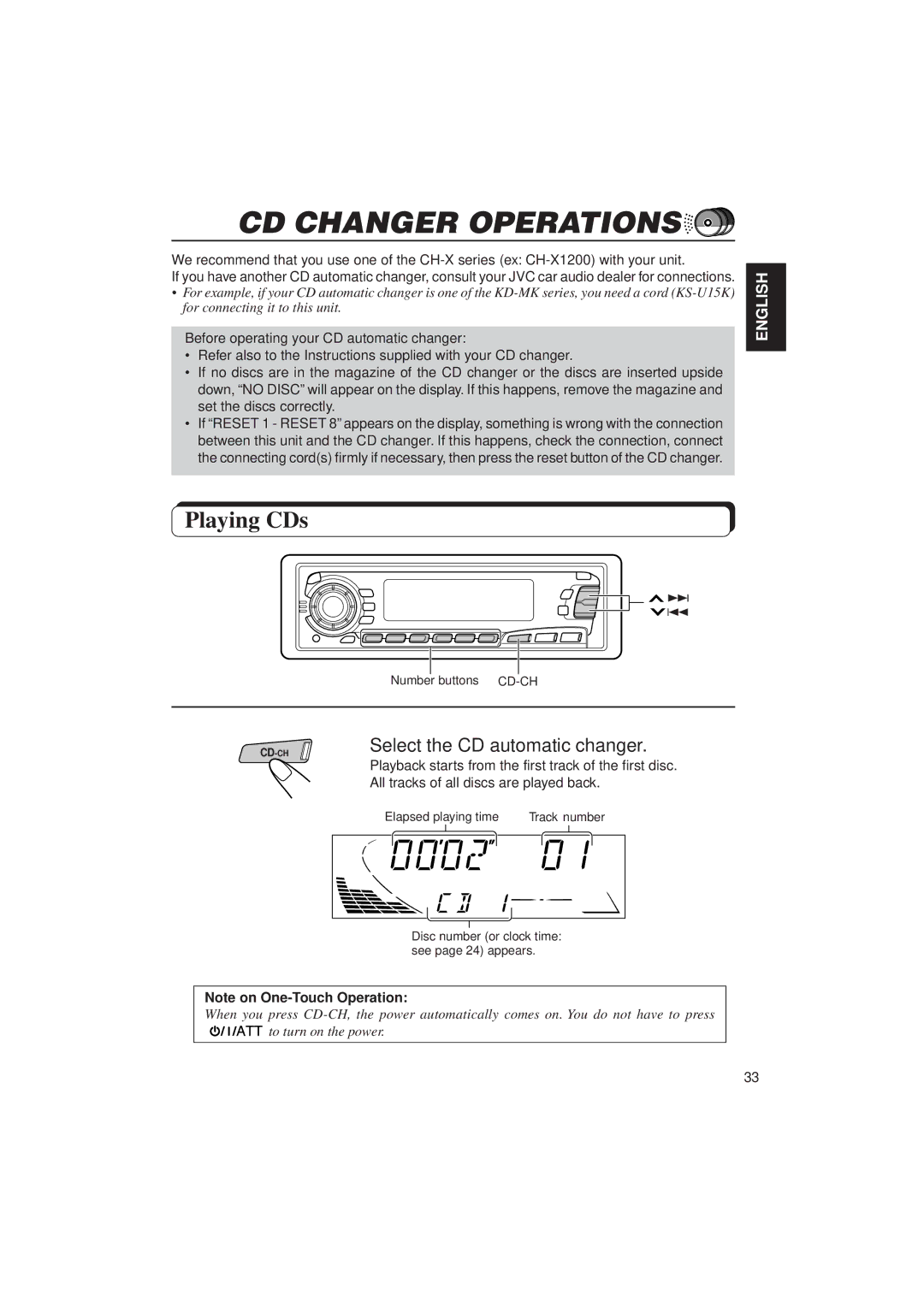 JVC KD-SX950 manual CD Changer Operations, Playing CDs, Select the CD automatic changer 