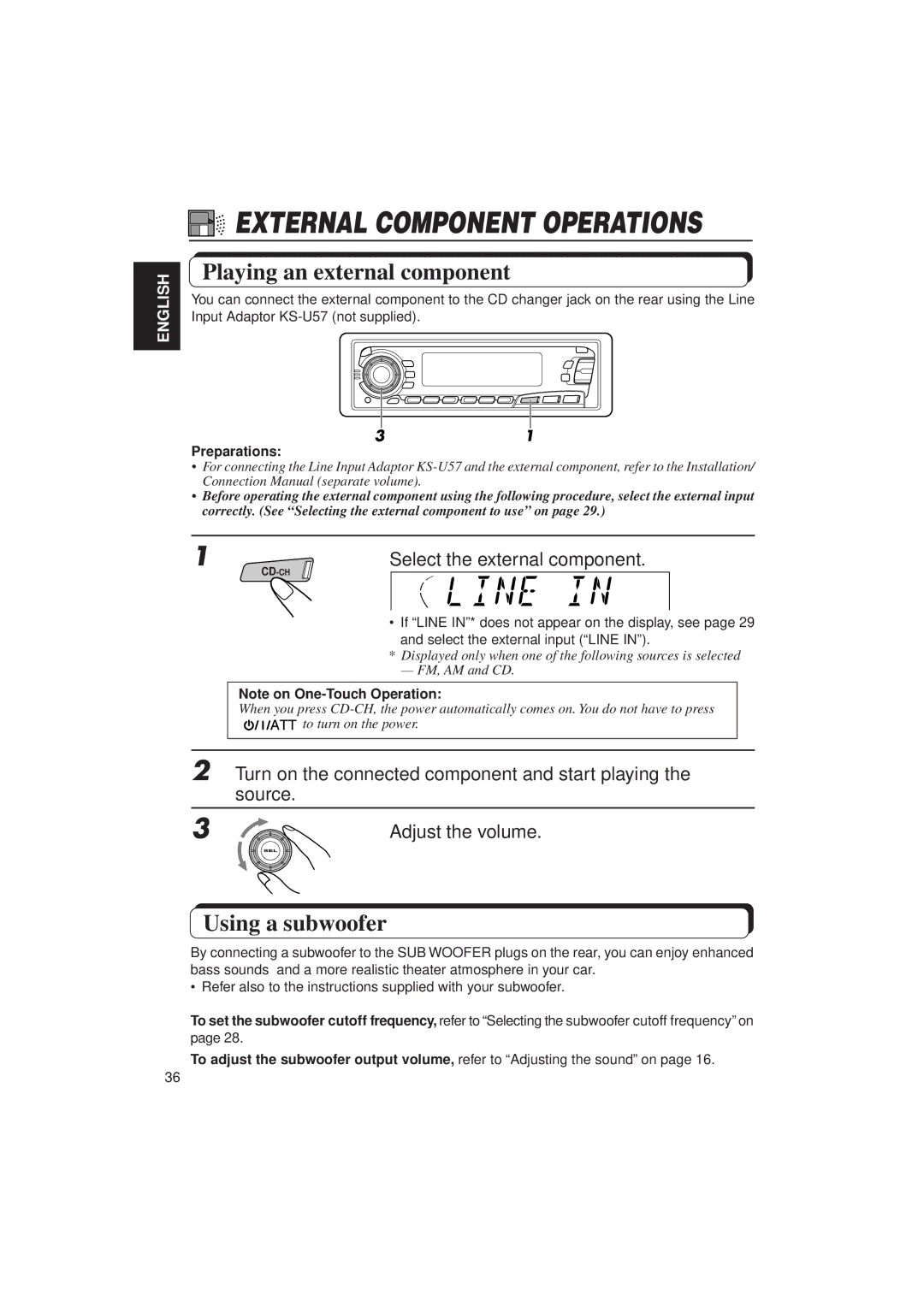 JVC KD-SX950 manual Playing an external component, Using a subwoofer, Preparations 