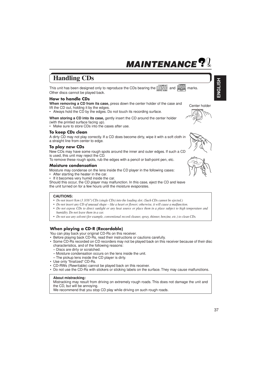 JVC KD-SX950 manual Maintenance, Handling CDs 