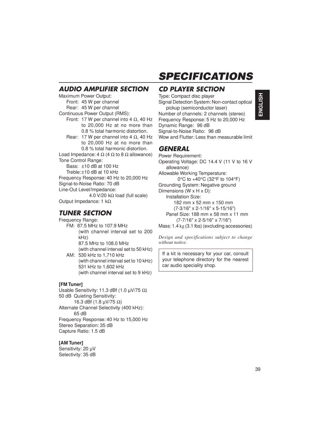 JVC KD-SX950 manual Specifications, FM Tuner, AM Tuner 