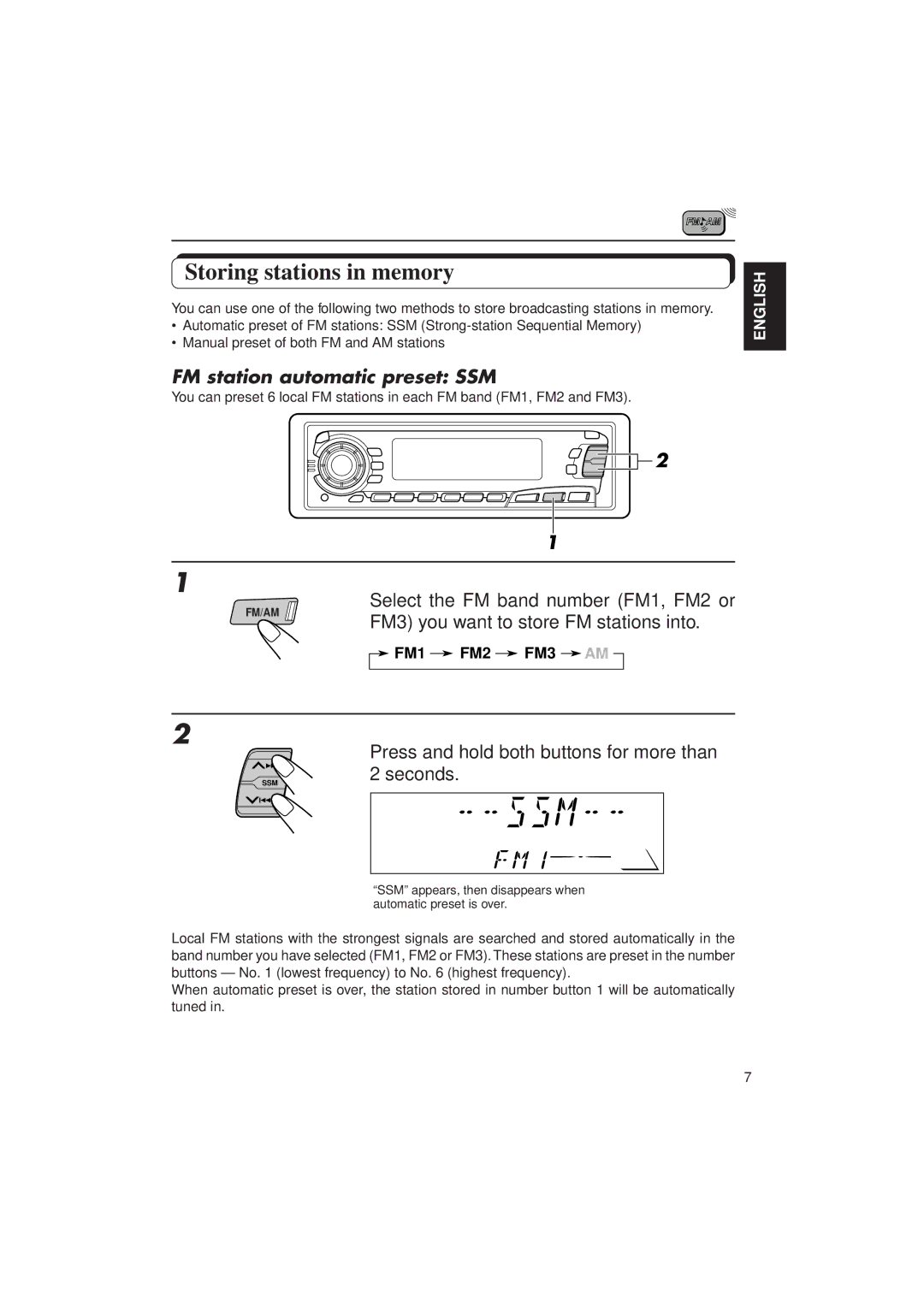 JVC KD-SX950 manual Storing stations in memory, FM station automatic preset SSM 