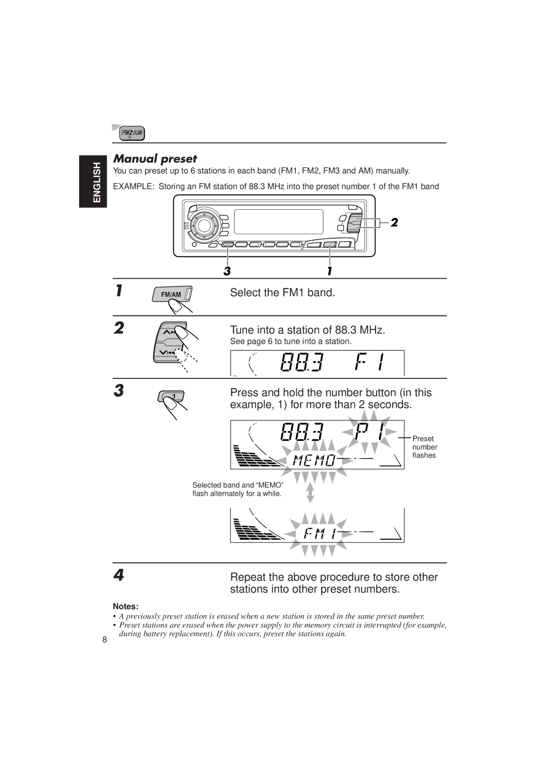 JVC KD-SX950 manual Manual preset, Press and hold the number button in this, Example, 1 for more than 2 seconds 