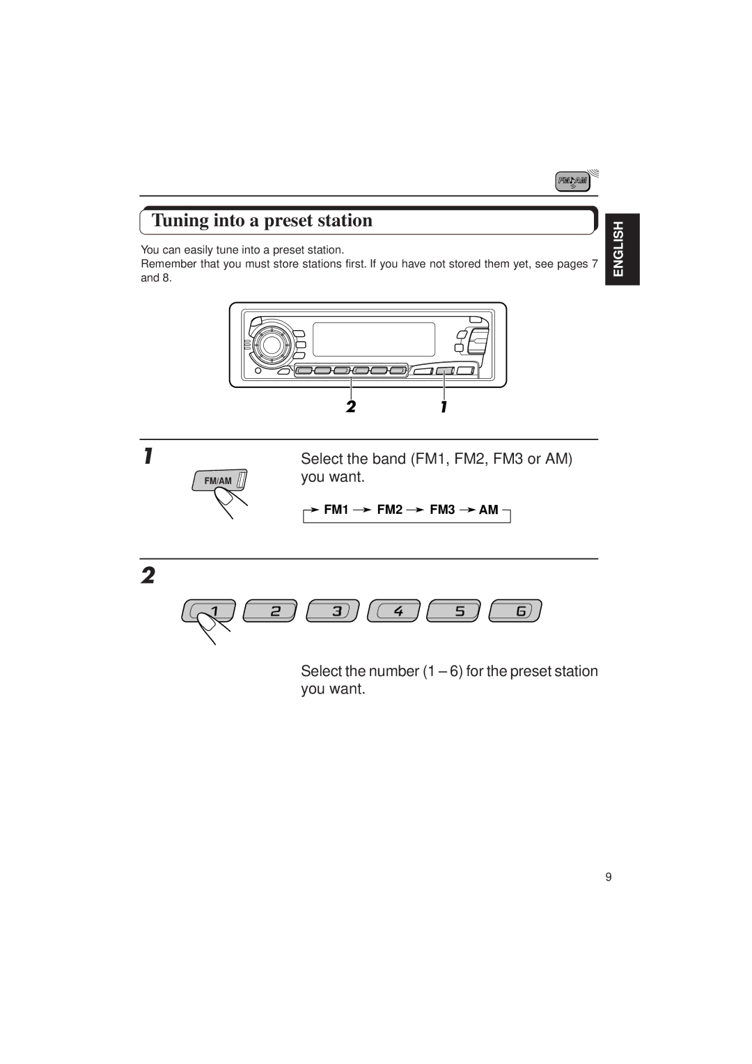 JVC KD-SX950 manual Tuning into a preset station, Select the number 1 6 for the preset station you want 