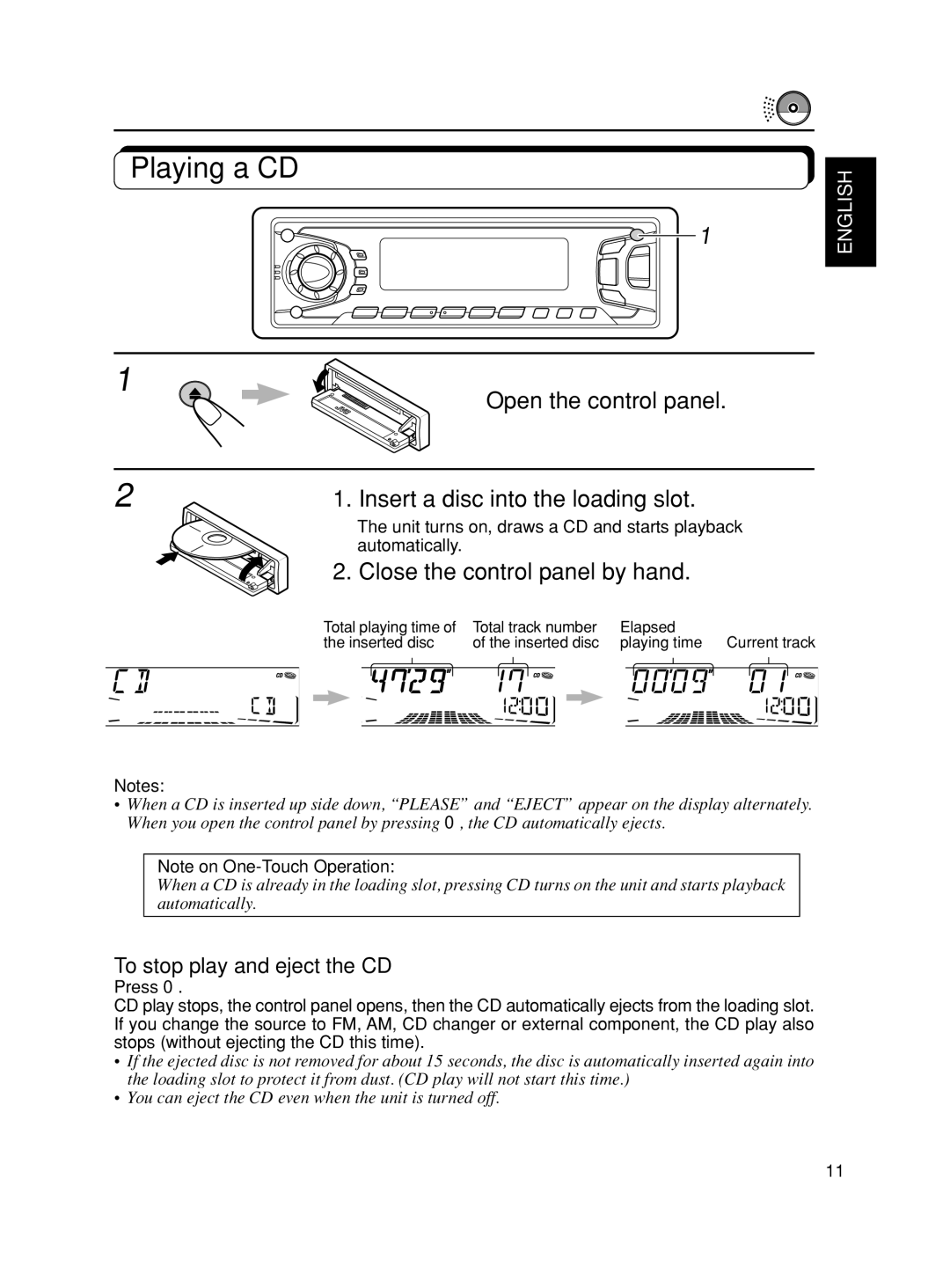 JVC KD-SX875, KD-SX975 manual CD Operations, Playing a CD, Open the control panel Insert a disc into the loading slot 