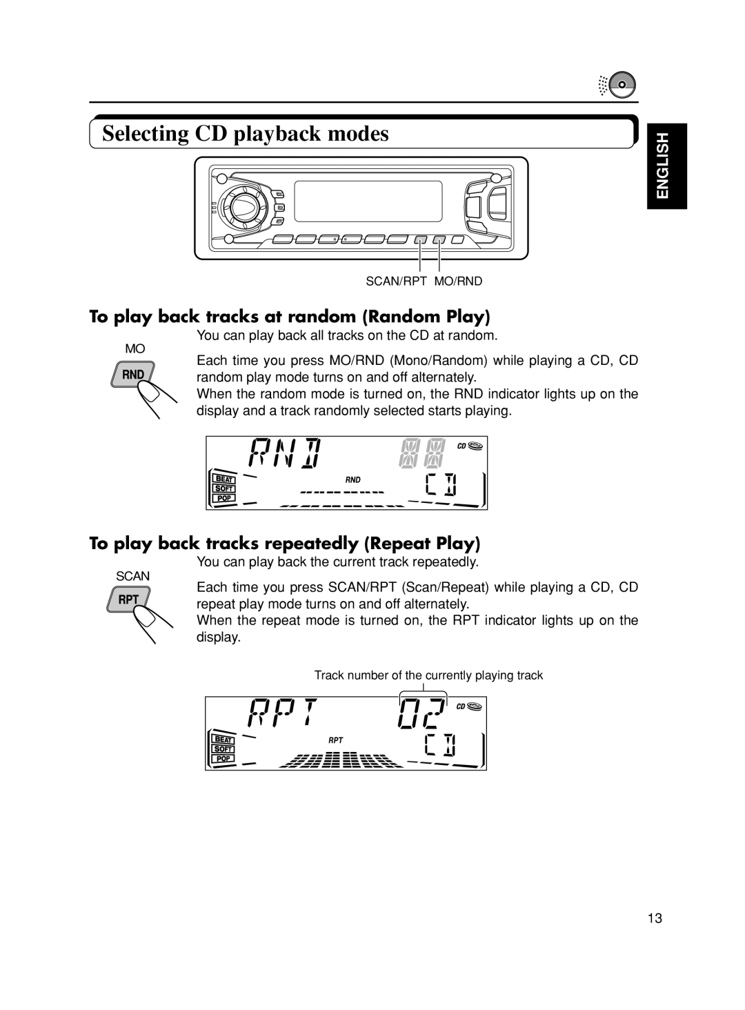 JVC KD-SX875, KD-SX975 manual Selecting CD playback modes, To play back tracks at random Random Play 