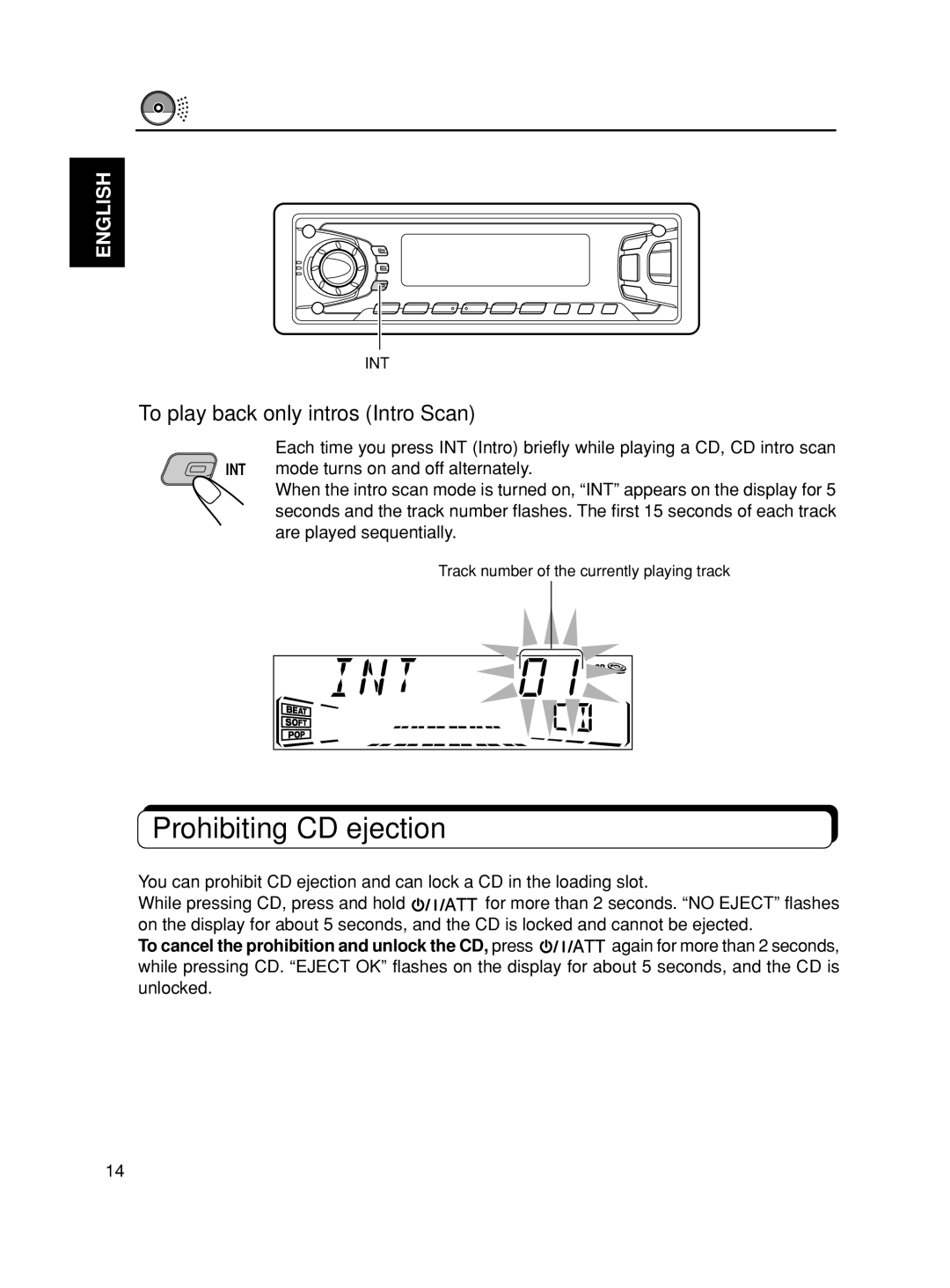 JVC KD-SX975, KD-SX875 manual Prohibiting CD ejection, To play back only intros Intro Scan 