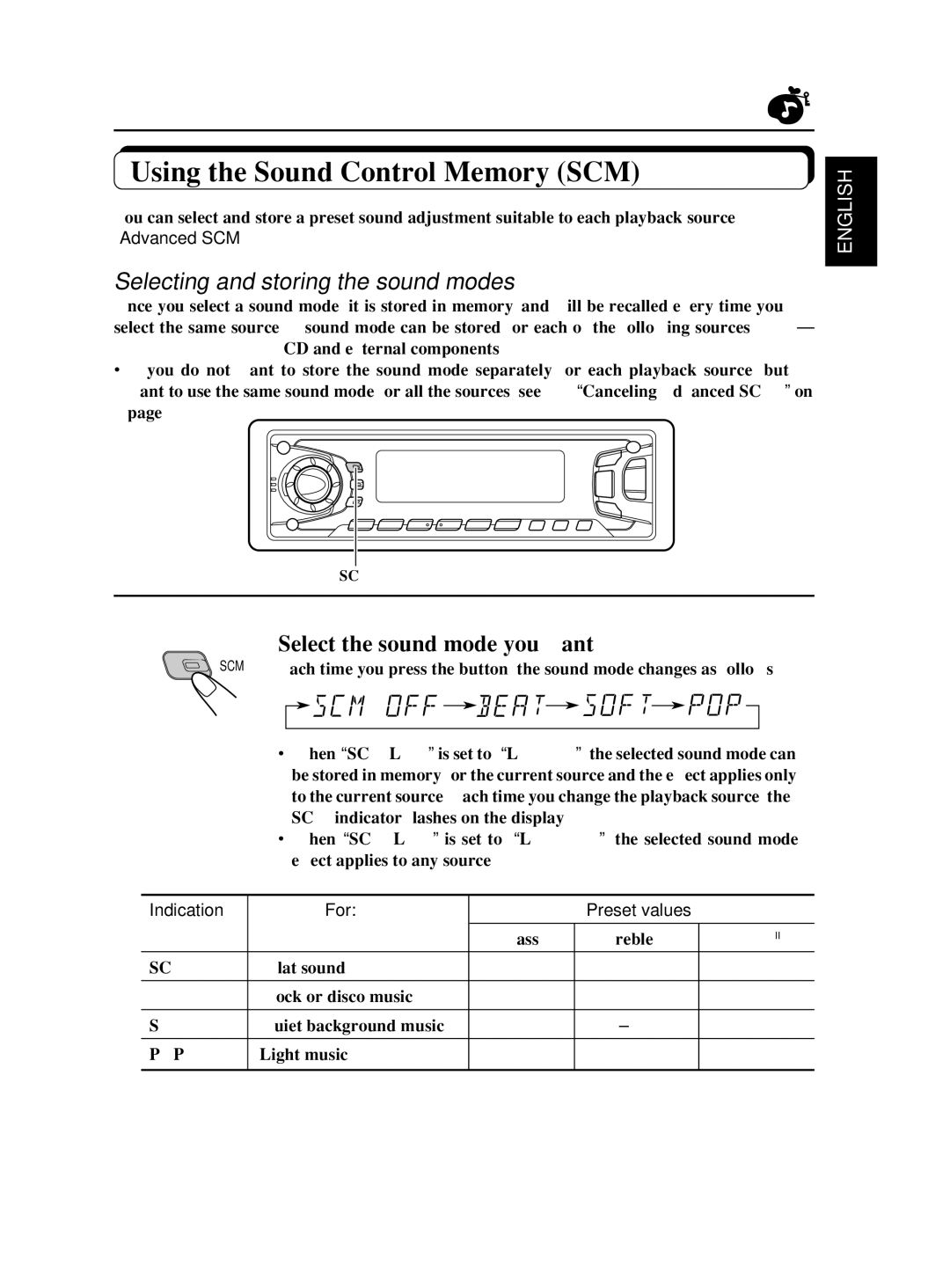 JVC KD-SX875 Using the Sound Control Memory SCM, Selecting and storing the sound modes, Select the sound mode you want 