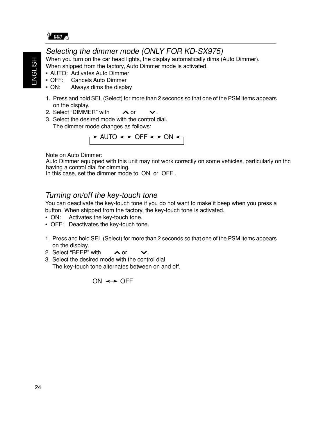 JVC KD-SX875 manual Selecting the dimmer mode only for KD-SX975, Turning on/off the key-touch tone 