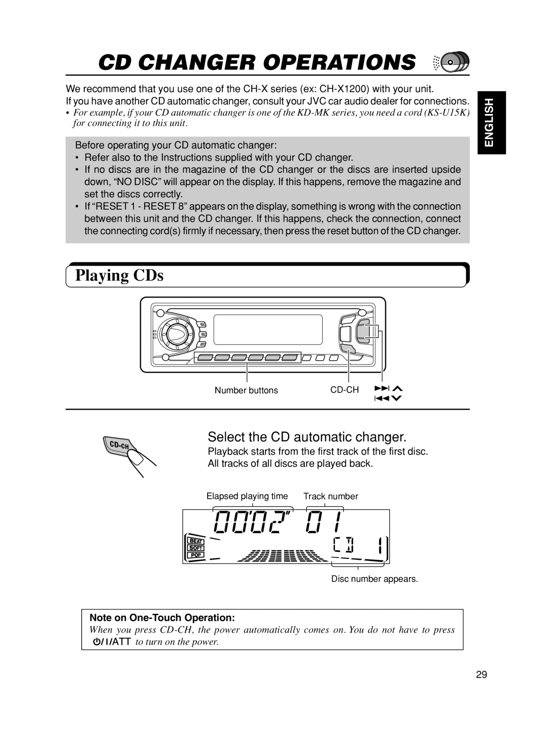 JVC KD-SX875, KD-SX975 manual CD Changer Operations, Playing CDs, Select the CD automatic changer 