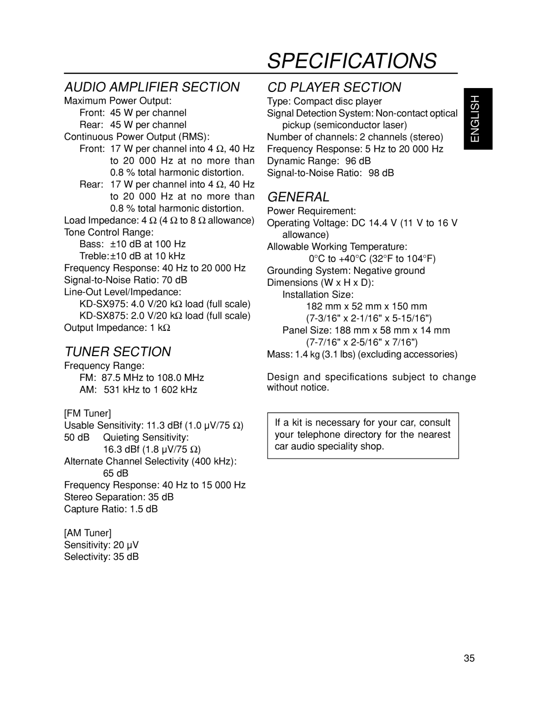 JVC KD-SX875, KD-SX975 manual Specifications, FM Tuner, AM Tuner 