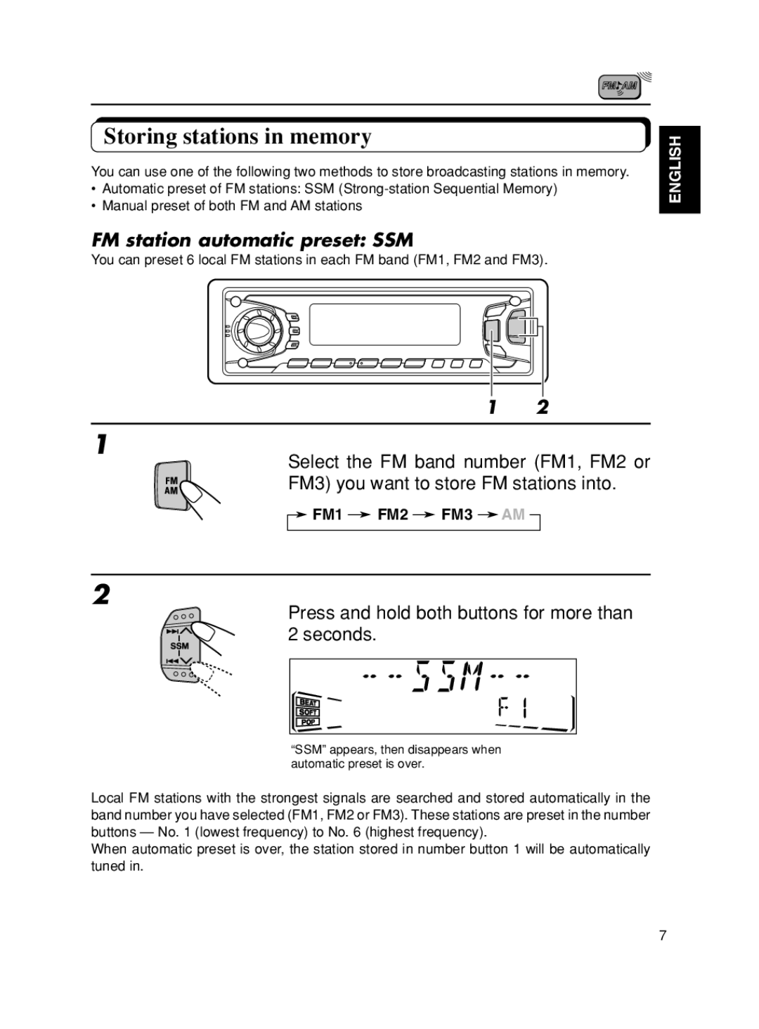 JVC KD-SX875, KD-SX975 manual Storing stations in memory, FM station automatic preset SSM 