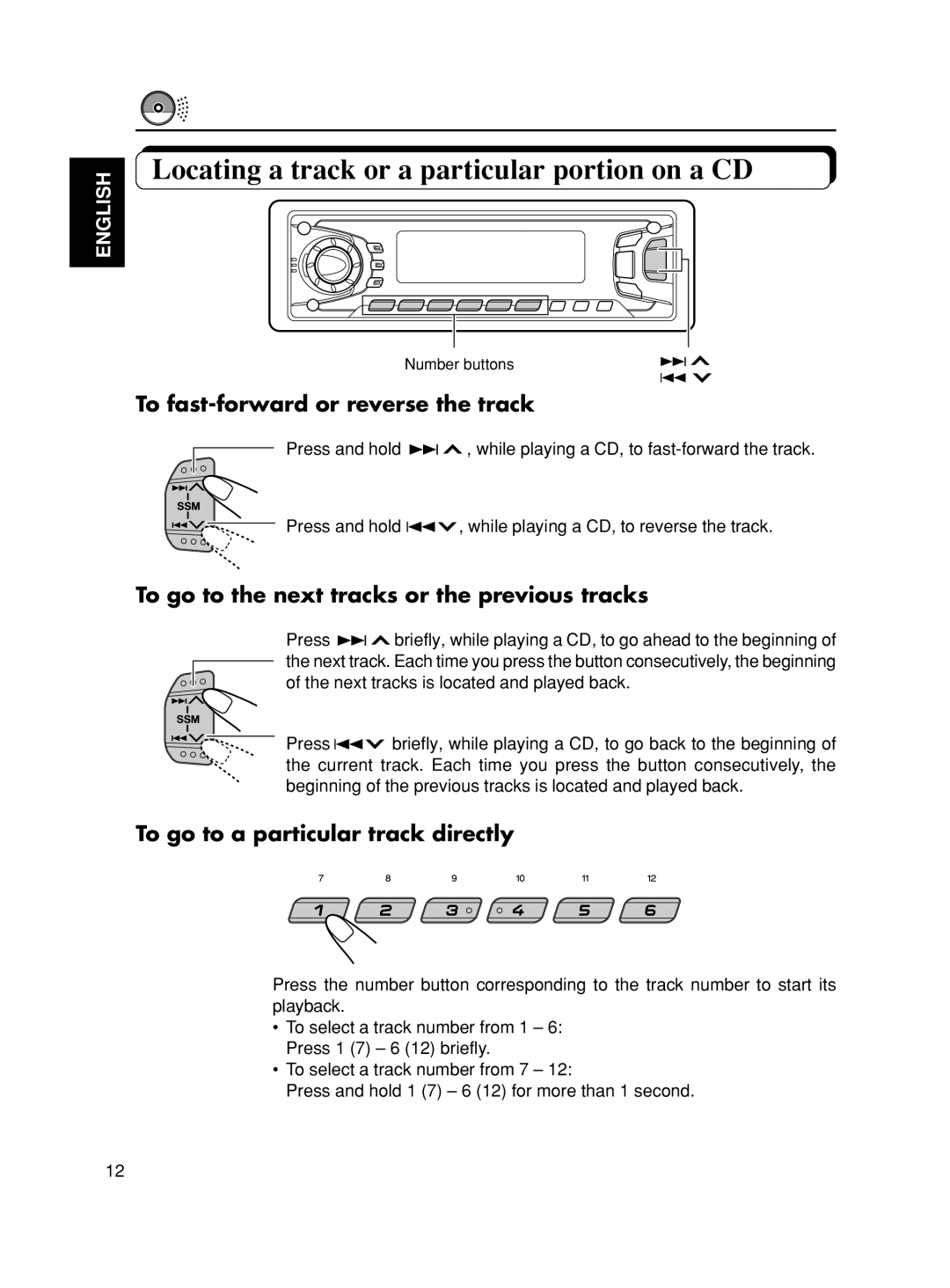 JVC KD-SX975, KD-SX875 manual Locating a track or a particular portion on a CD, To fast-forwardor reverse the track, English 