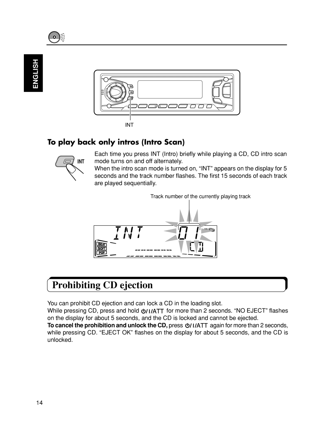 JVC KD-SX975, KD-SX875 manual Prohibiting CD ejection, To play back only intros Intro Scan, English 