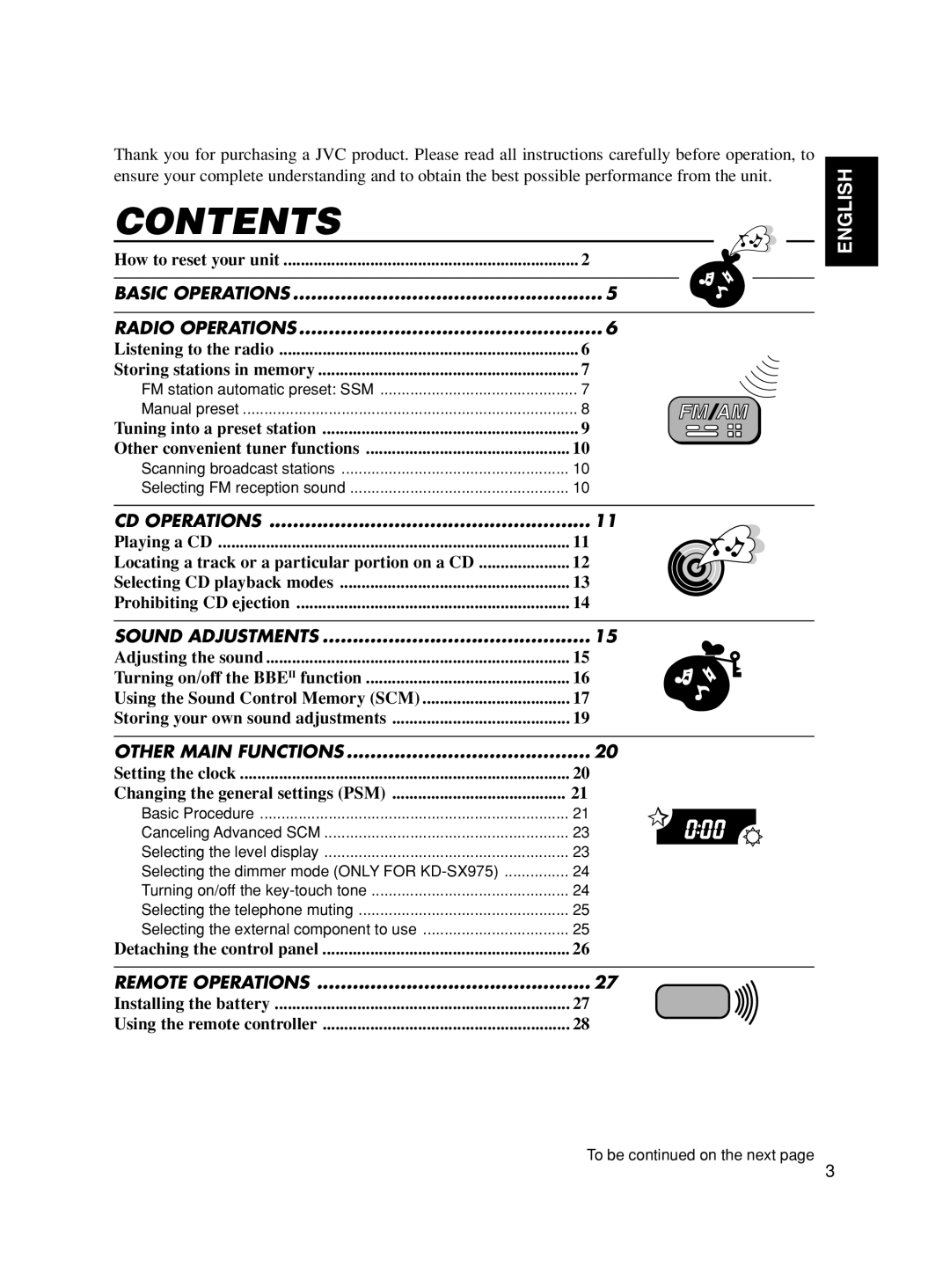 JVC KD-SX875, KD-SX975 manual Contents, English, Locating a track or a particular portion on a CD 