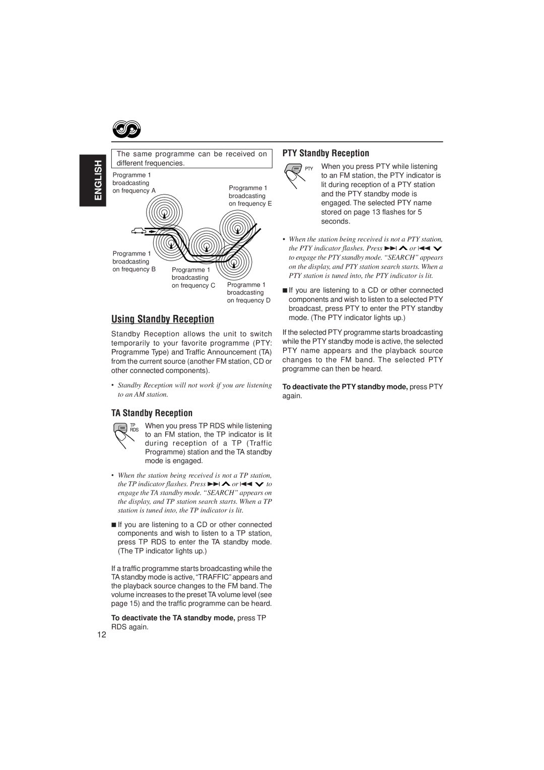 JVC KD-SX991R, KD-SX911R manual Using Standby Reception, PTY Standby Reception, TA Standby Reception 