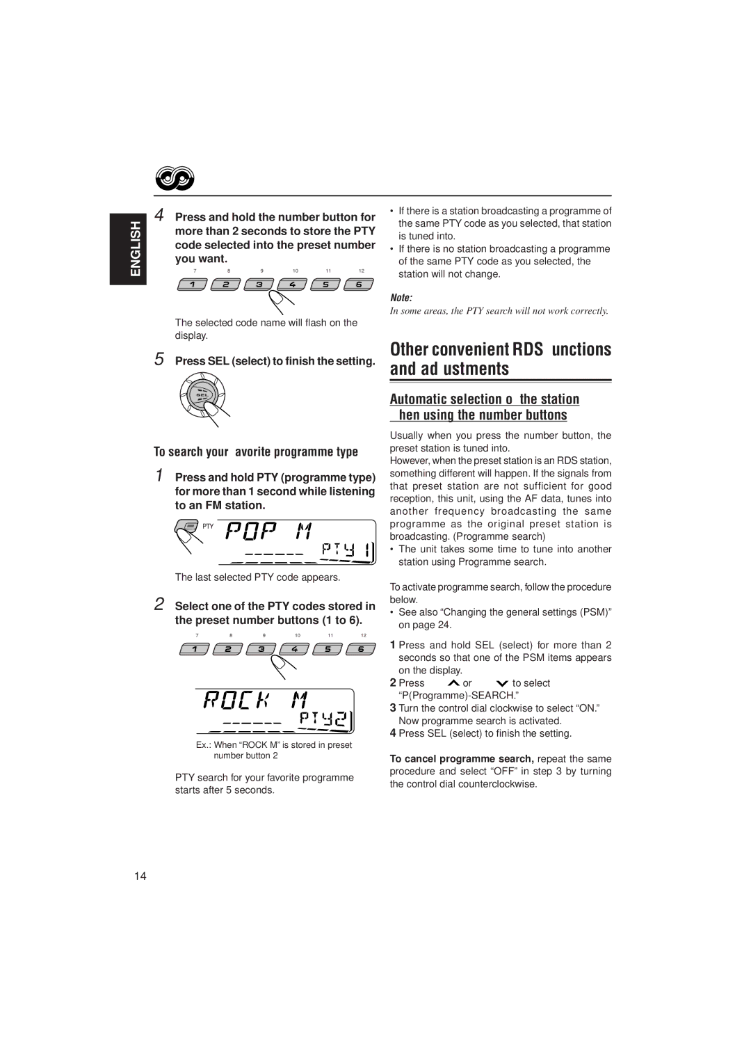 JVC KD-SX991R, KD-SX911R manual Press and hold the number button for, More than 2 seconds to store the PTY, You want 