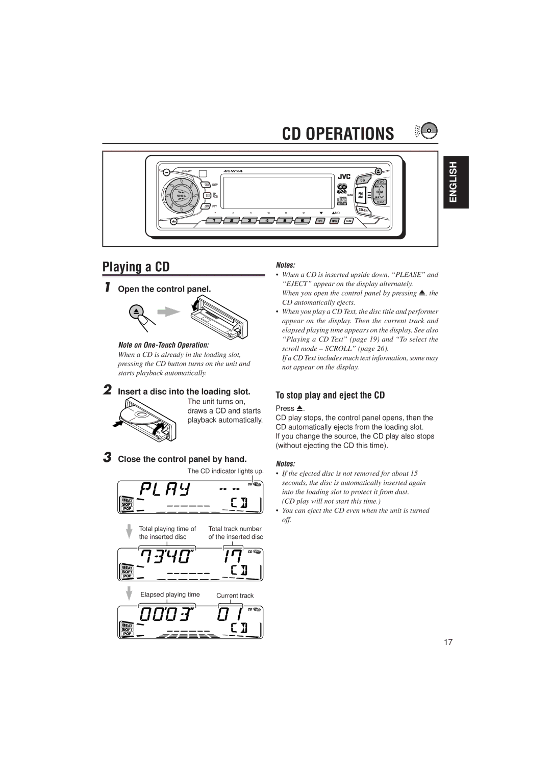 JVC KD-SX911R, KD-SX991R manual CD Operations, Playing a CD, To stop play and eject the CD 