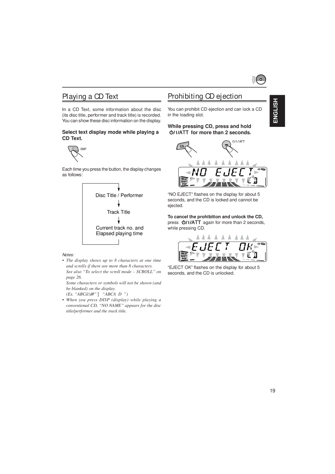 JVC KD-SX911R, KD-SX991R manual Playing a CD Text, Prohibiting CD ejection, Select text display mode while playing a CD Text 