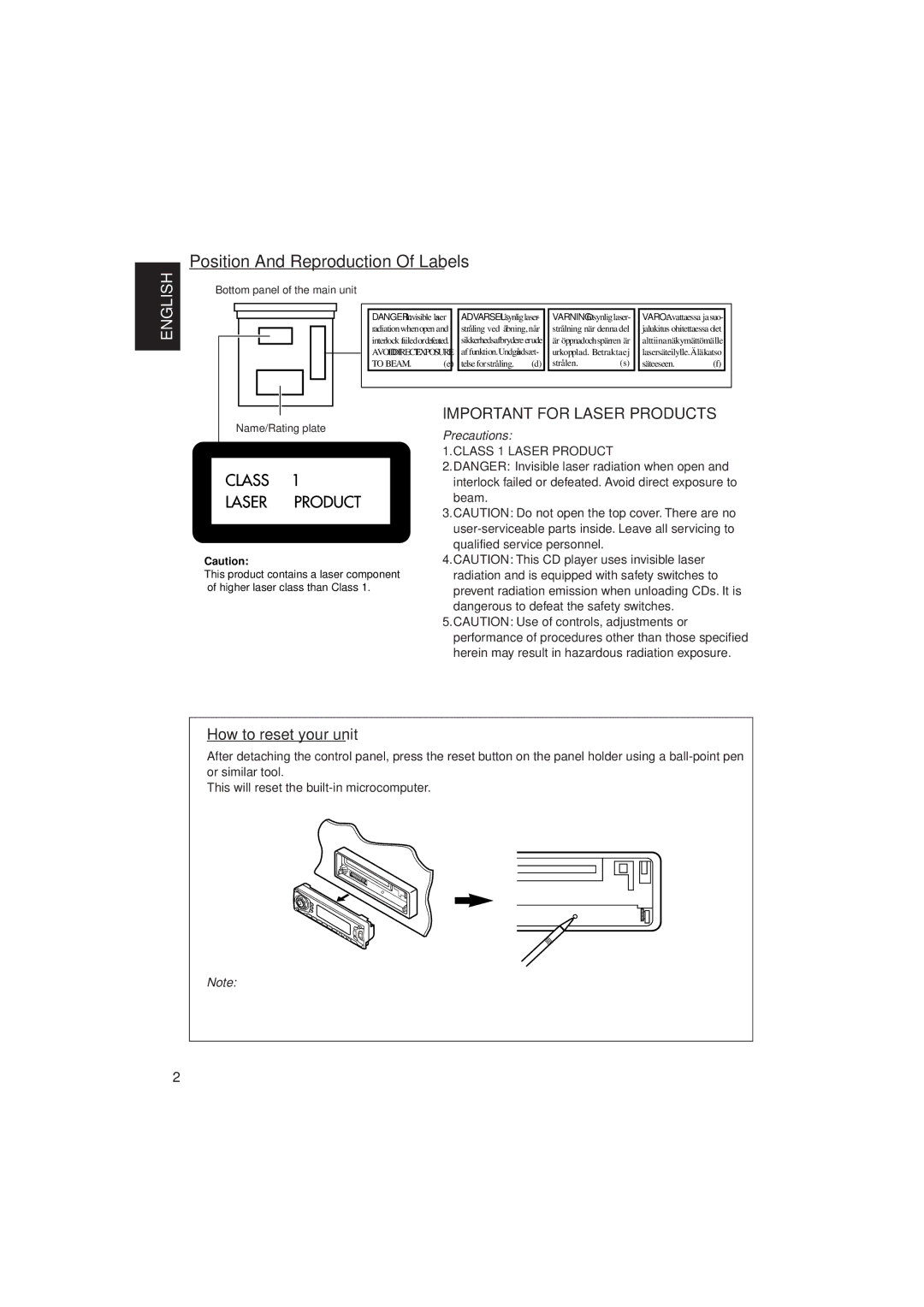 JVC KD-SX991R, KD-SX911R manual Position And Reproduction Of Labels, How to reset your unit 