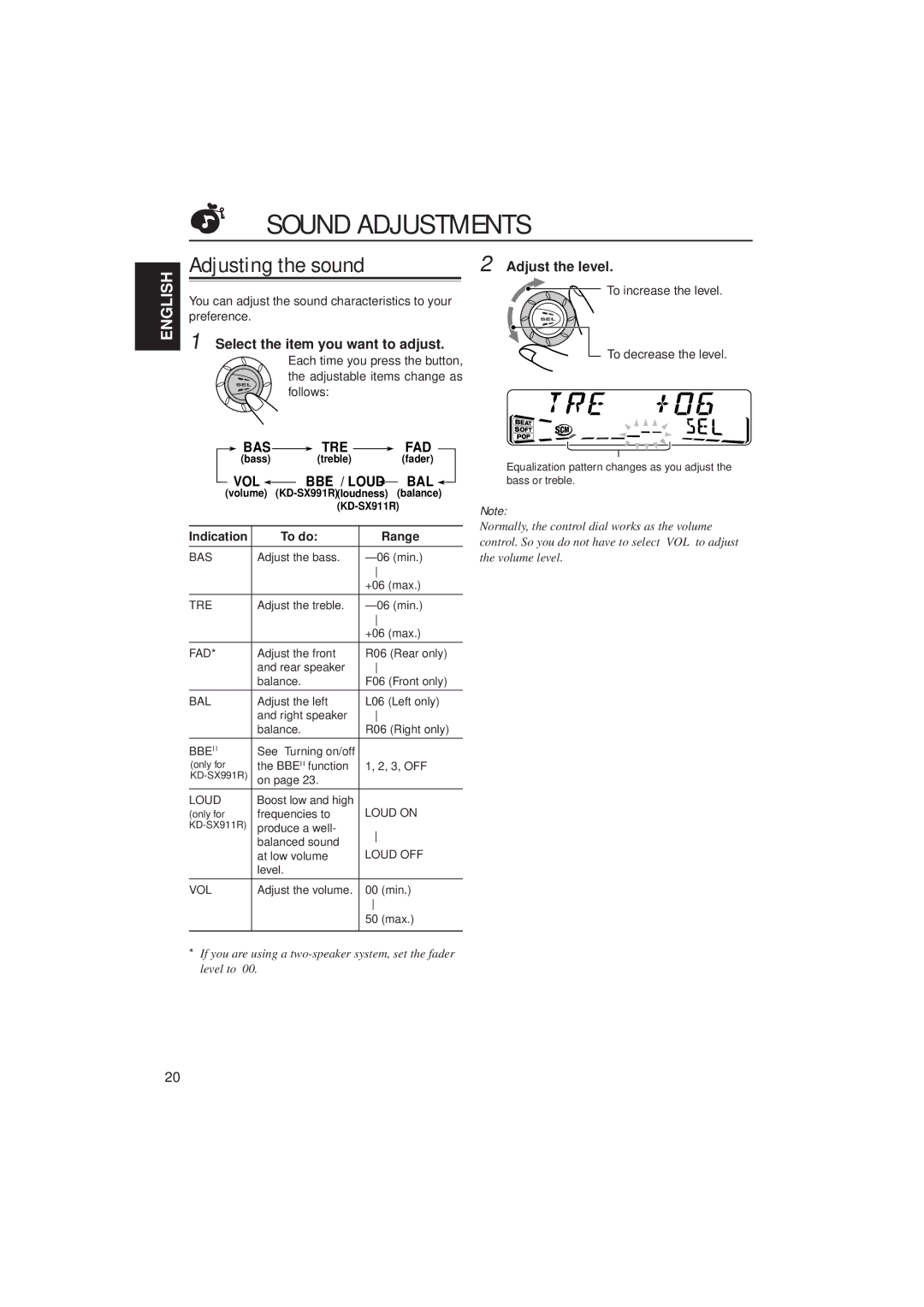 JVC KD-SX991R, KD-SX911R manual Sound Adjustments, Adjusting the sound, Adjust the level, Select the item you want to adjust 