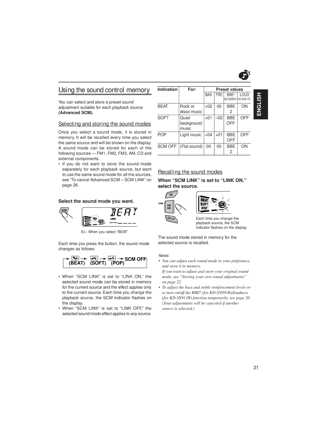 JVC KD-SX911R, KD-SX991R Using the sound control memory, Recalling the sound modes, Selecting and storing the sound modes 