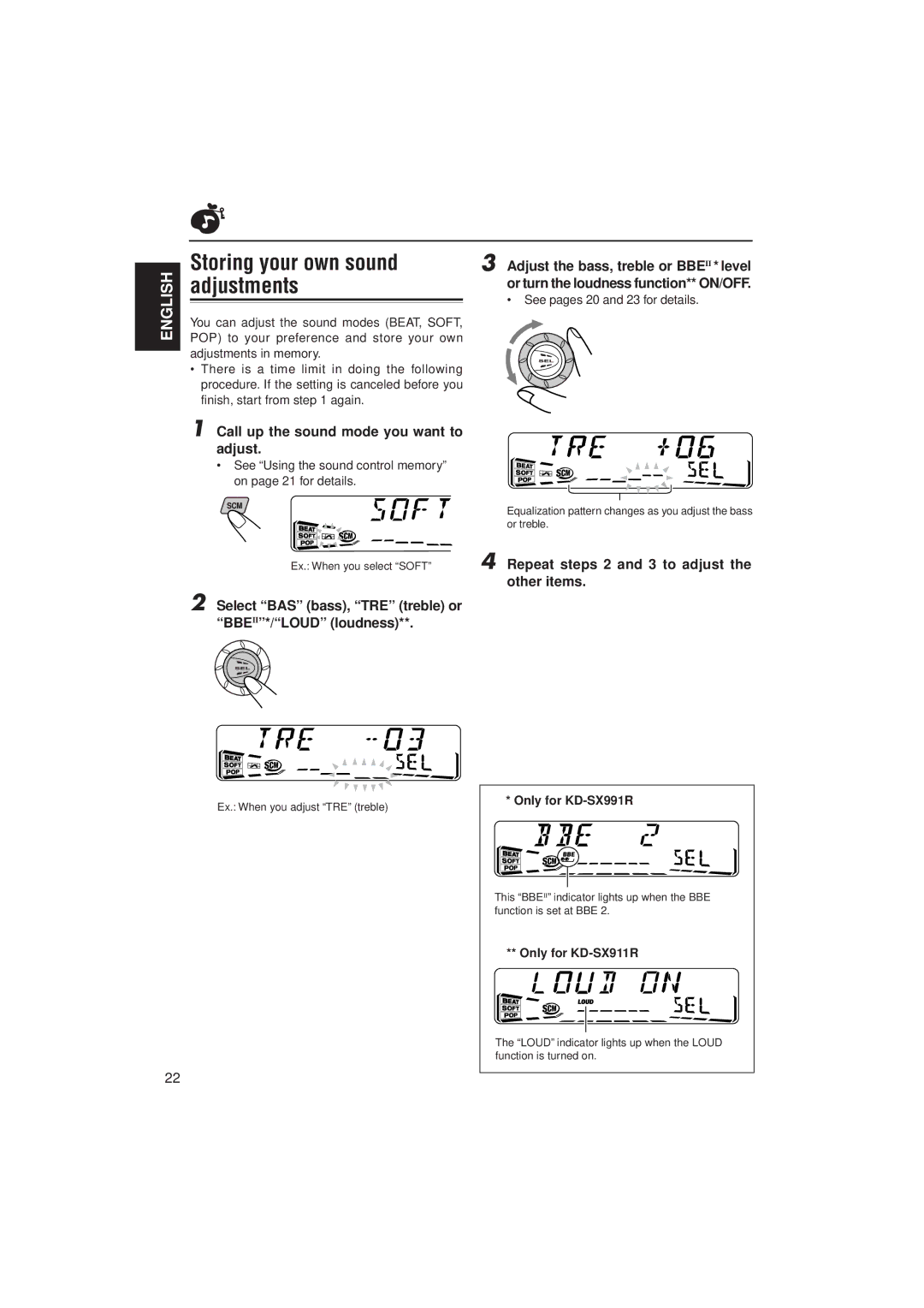 JVC KD-SX991R, KD-SX911R manual Storing your own sound adjustments, Call up the sound mode you want to adjust 