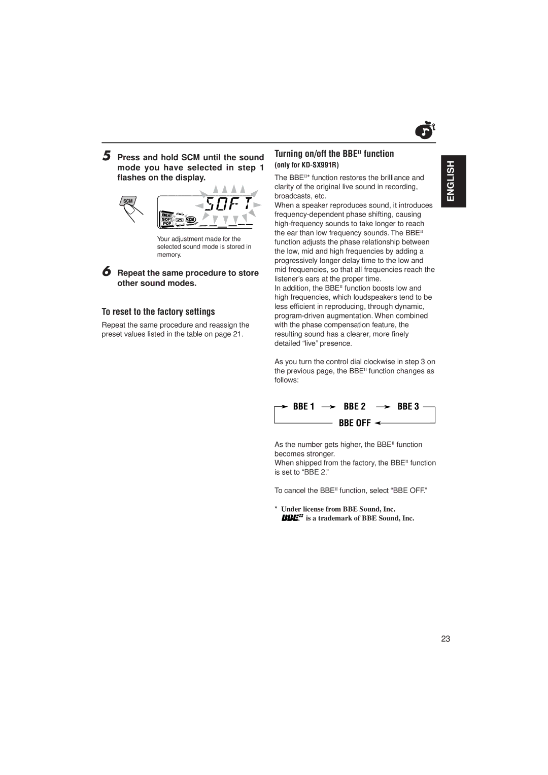 JVC KD-SX911R, KD-SX991R manual To reset to the factory settings, Turning on/off the Bbeii function 