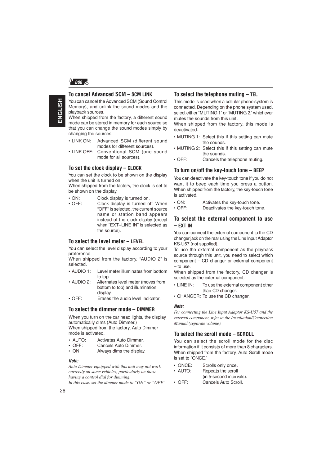 JVC KD-SX991R manual To cancel Advanced SCM SCM Link, To select the telephone muting TEL, To set the clock display Clock 