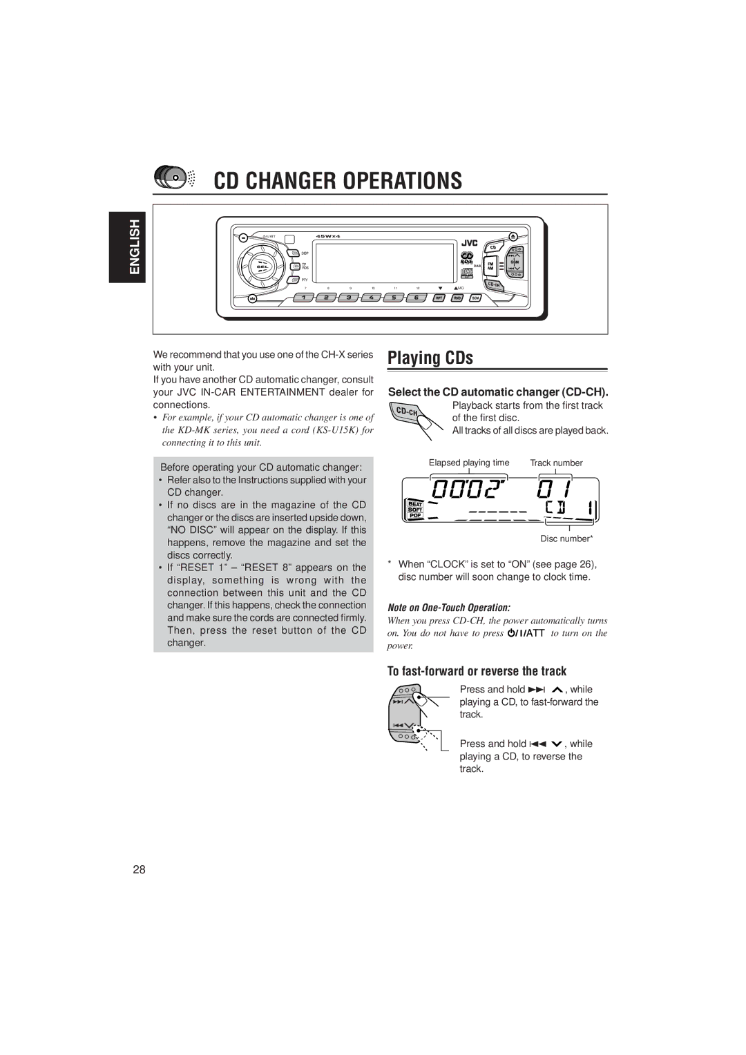 JVC KD-SX991R, KD-SX911R manual CD Changer Operations, Playing CDs, Select the CD automatic changer CD-CH 