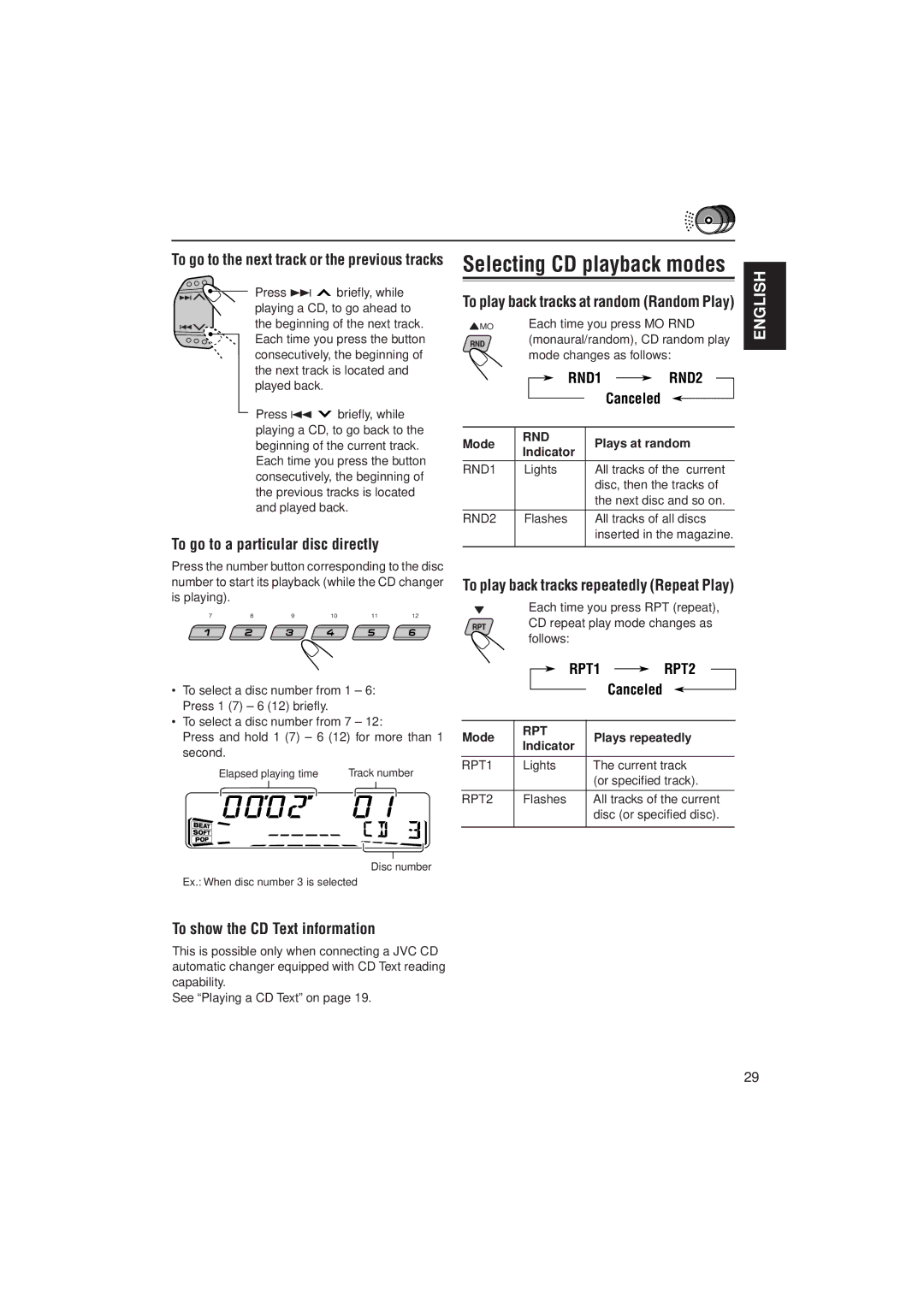 JVC KD-SX911R, KD-SX991R manual To go to a particular disc directly, To show the CD Text information, Canceled 